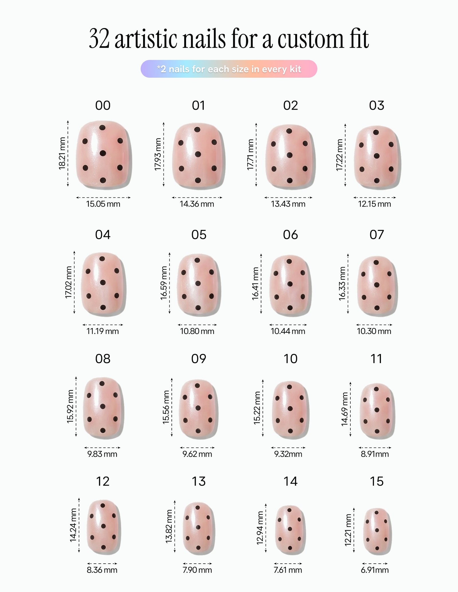 Dalmatian Duchess — Coffin size chart, 16 sizes with millimetre measurements