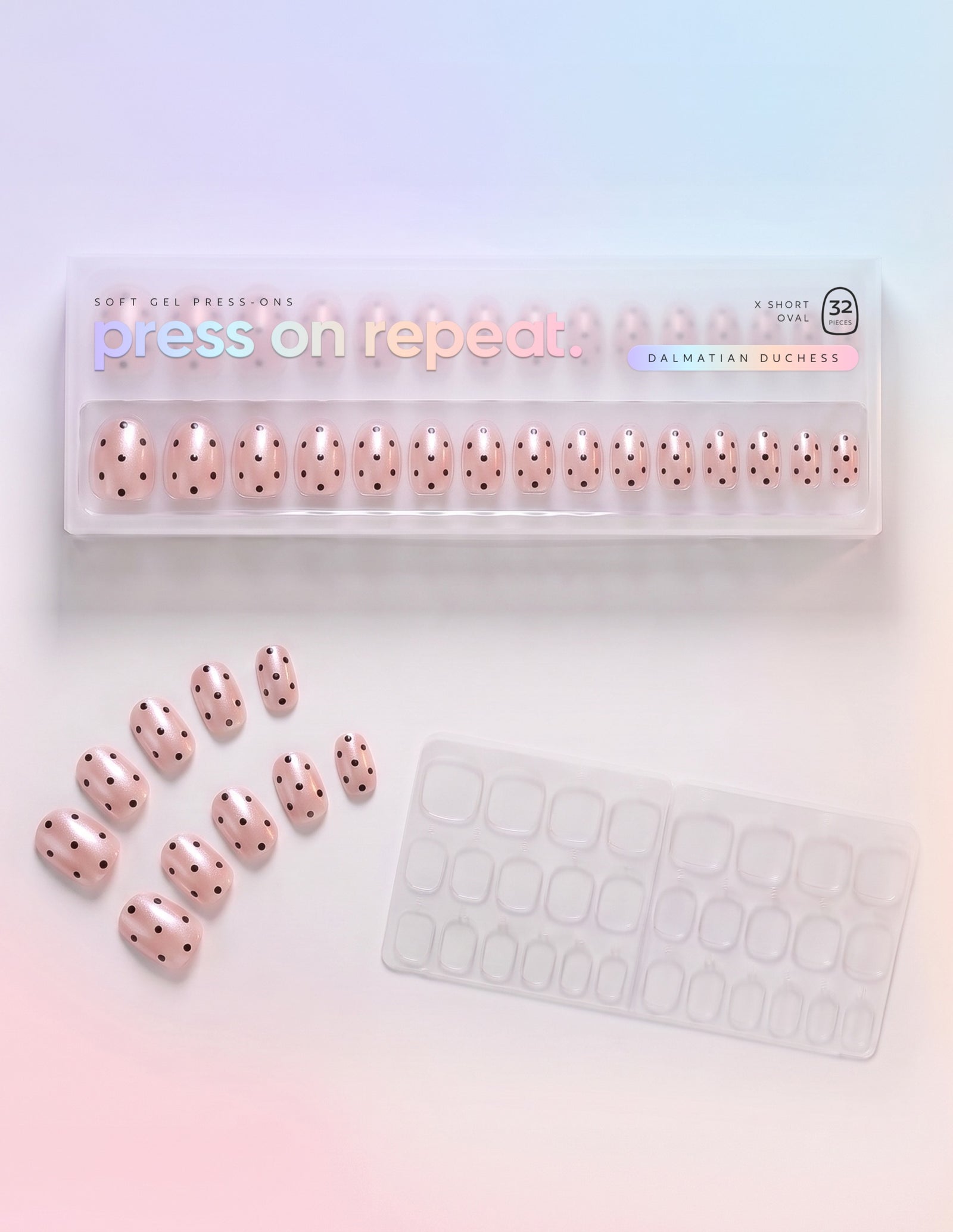 Dalmatian Duchess press-on nails — Oval (extra-short) retail box with loose nails and adhesive tabs