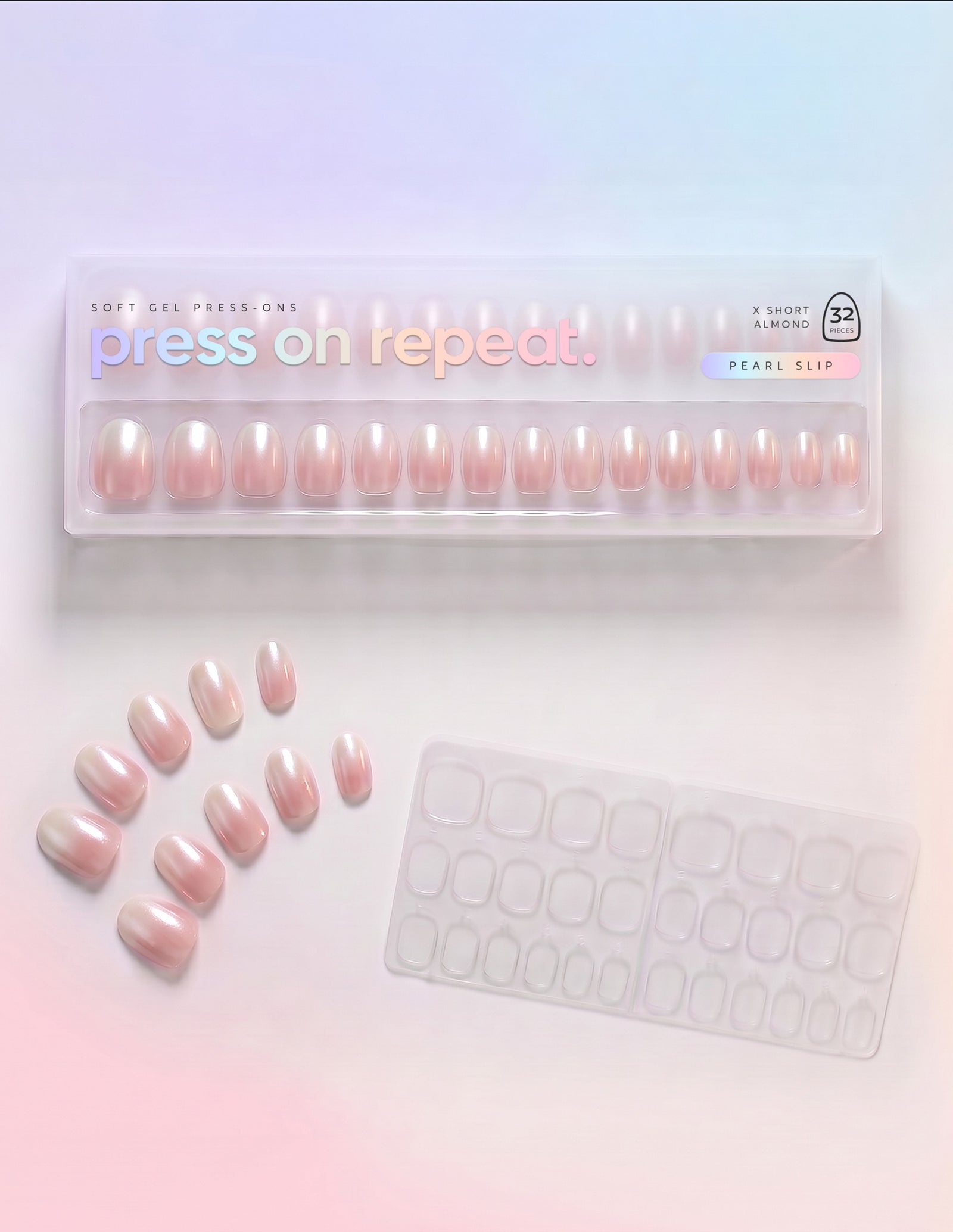 Pearl Slip press-on nails — Almond (extra-short) retail box with loose nails and adhesive tabs