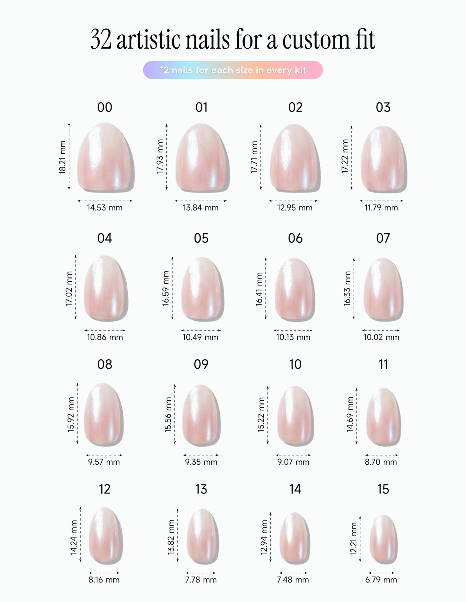 Pearl Slip — Almond size chart, 16 sizes with millimetre measurements