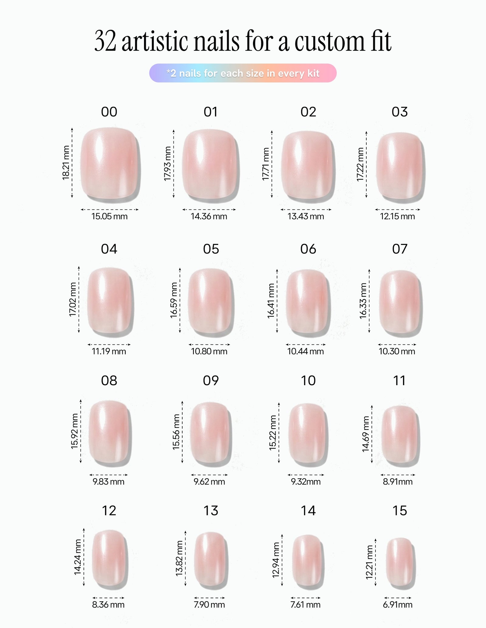 Pearl Slip — Coffin size chart, 16 sizes with millimetre measurements