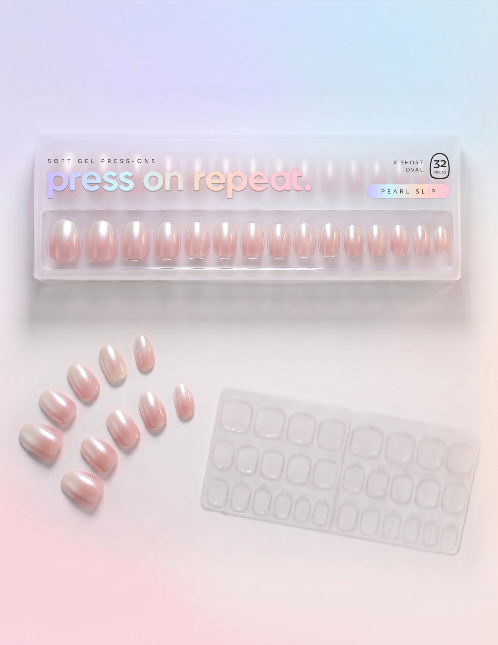 Pearl Slip press-on nails — Oval (extra-short) retail box with loose nails and adhesive tabs