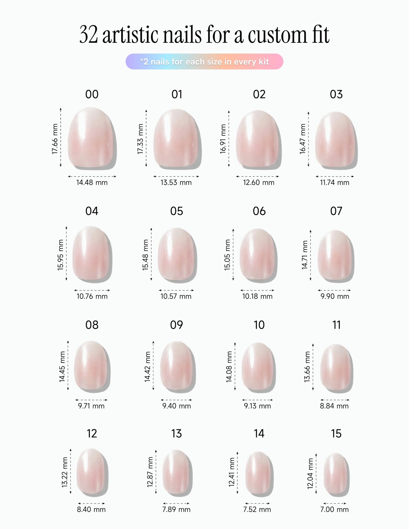 Pearl Slip — Oval size chart, 16 sizes with millimetre measurements
