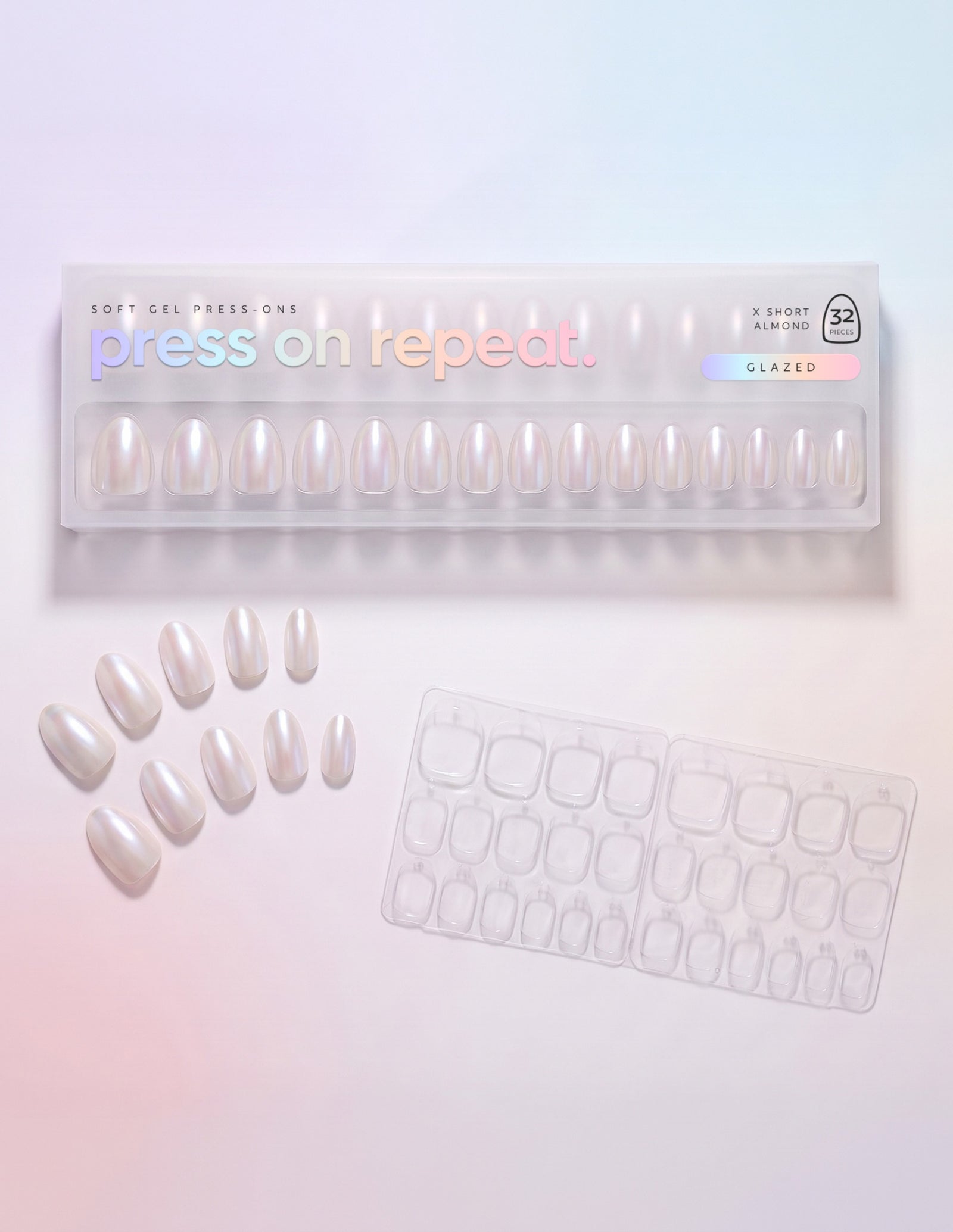 Glazed press-on nails — Almond (extra-short) retail box with loose nails and adhesive tabs