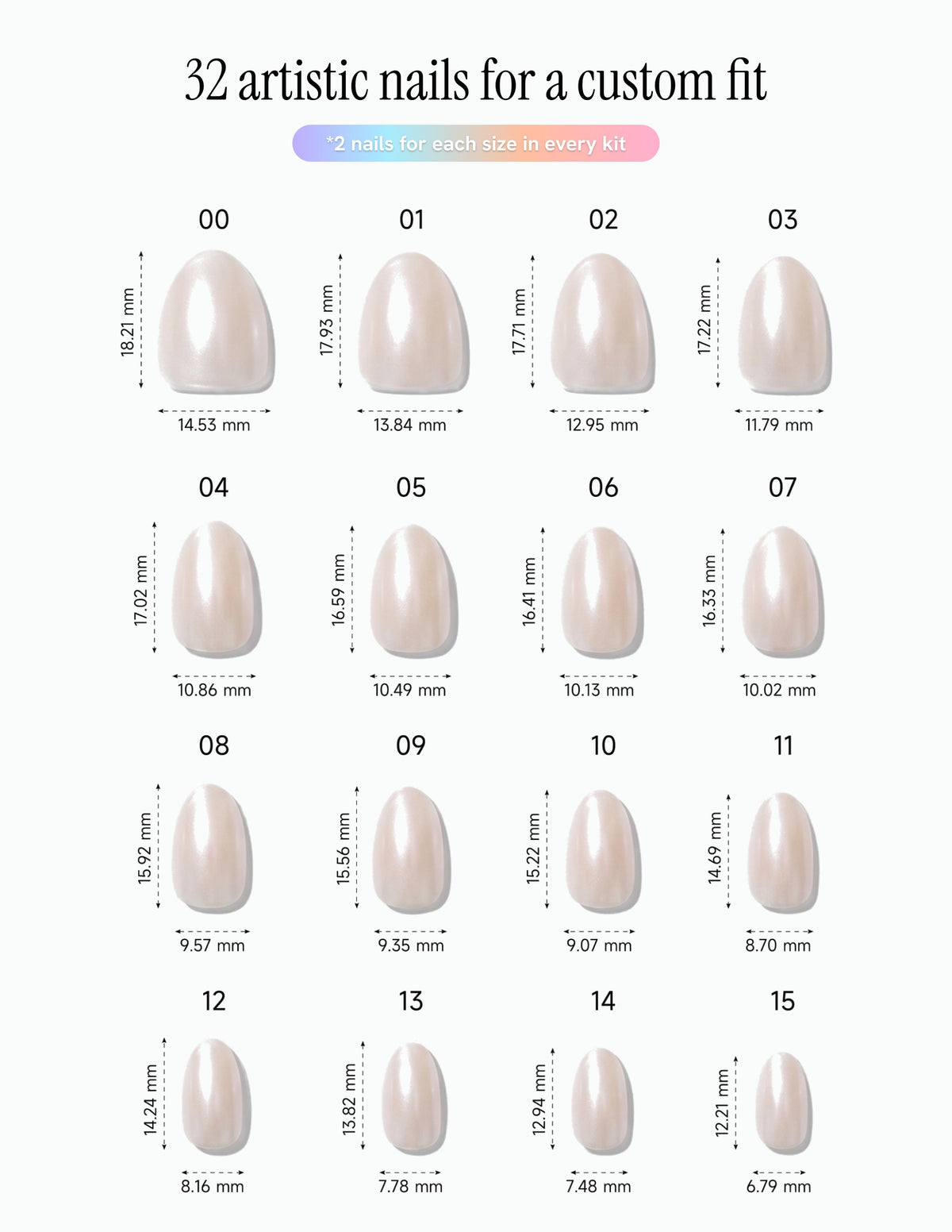 Glazed — Almond size chart, 16 sizes with millimetre measurements