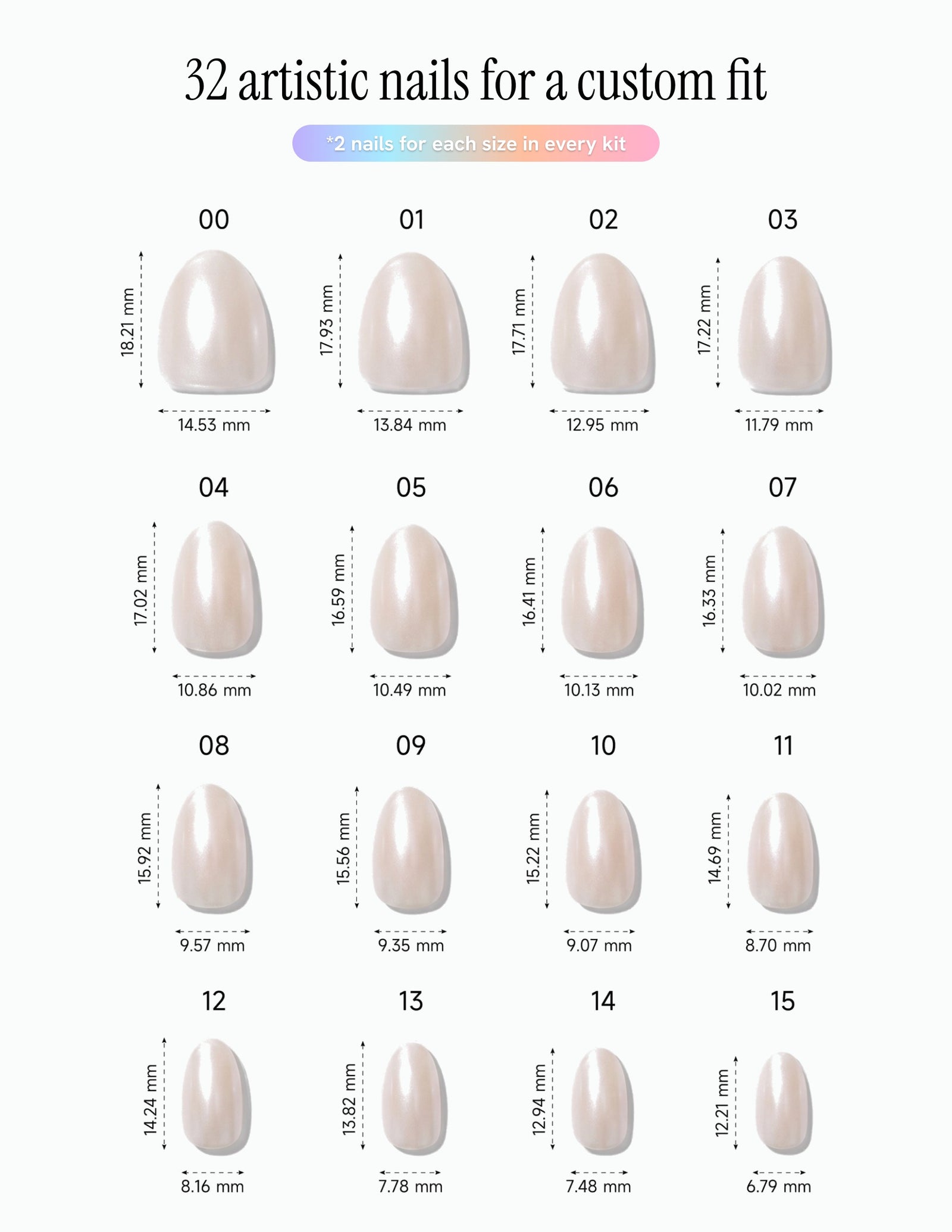 Glazed — Almond size chart, 16 sizes with millimetre measurements