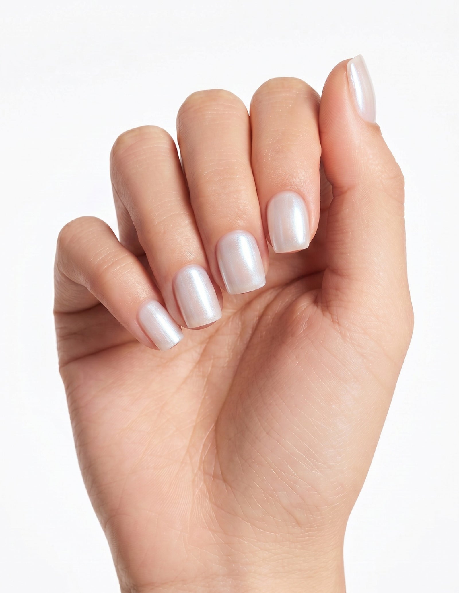 Glazed press-on nails — Coffin (short), light-skin hand, fingers curled