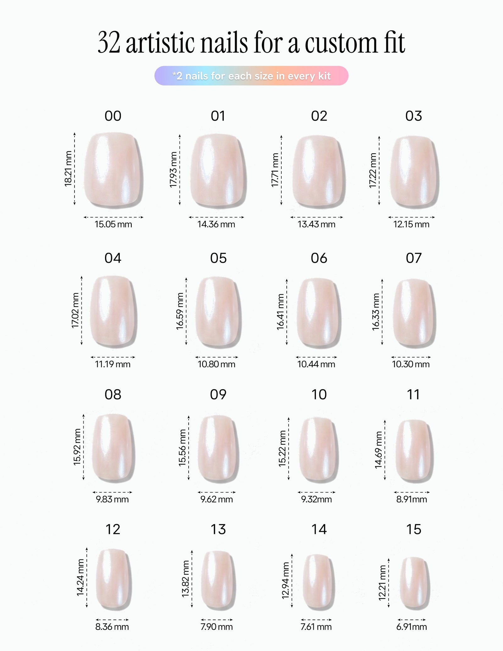 Glazed — Coffin size chart, 16 sizes with millimetre measurements