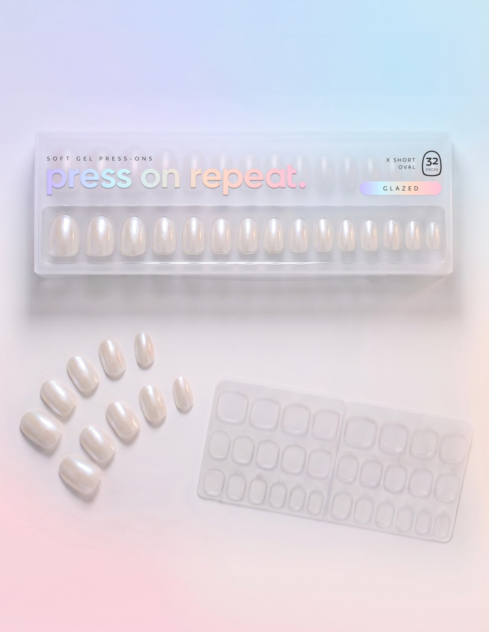 Glazed press-on nails — Oval (extra-short) retail box with loose nails and adhesive tabs