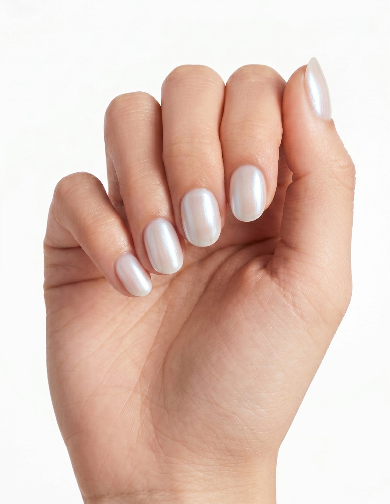 Glazed press-on nails — Oval (extra-short), light-skin hand, fingers curled