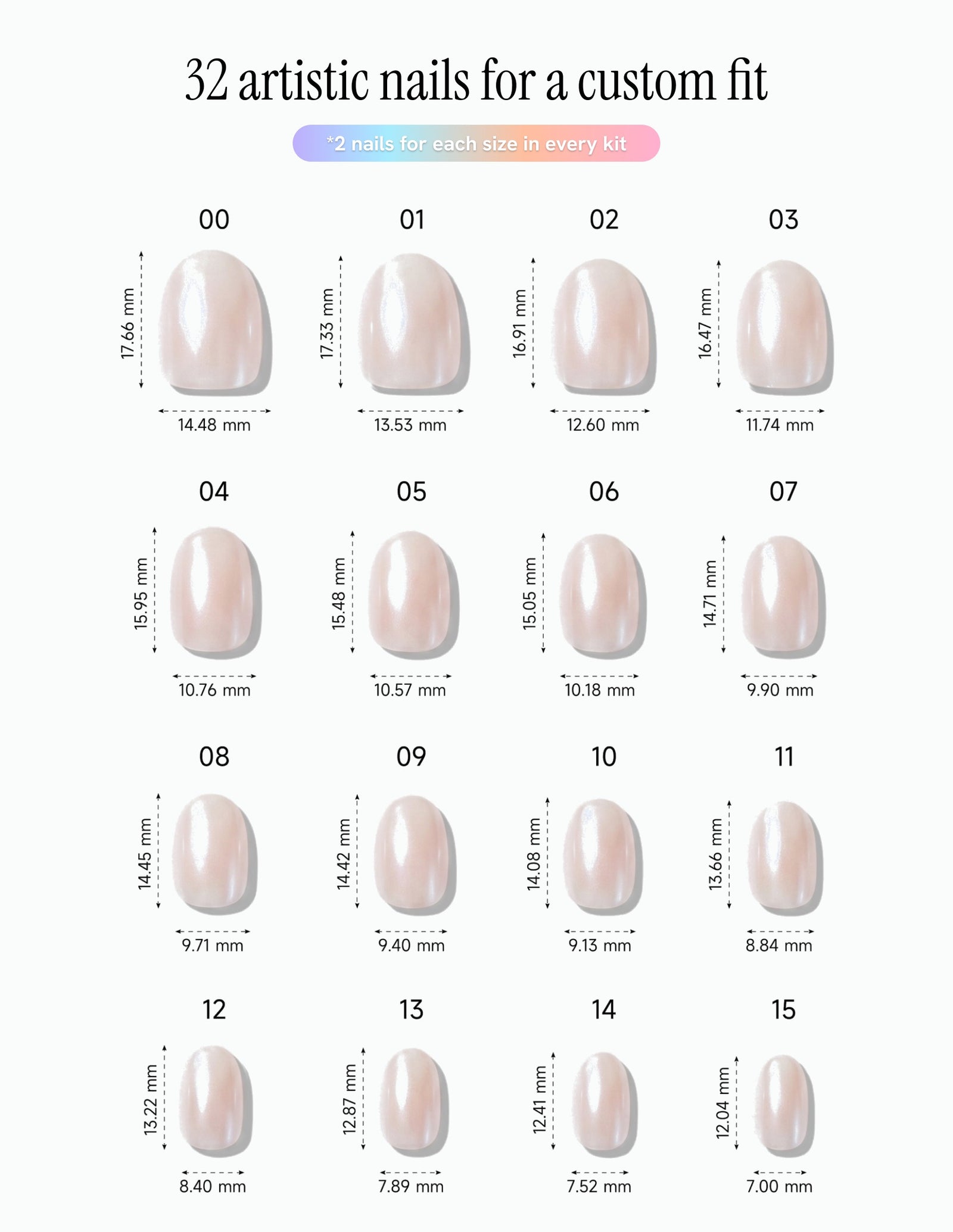 Glazed — Oval size chart, 16 sizes with millimetre measurements