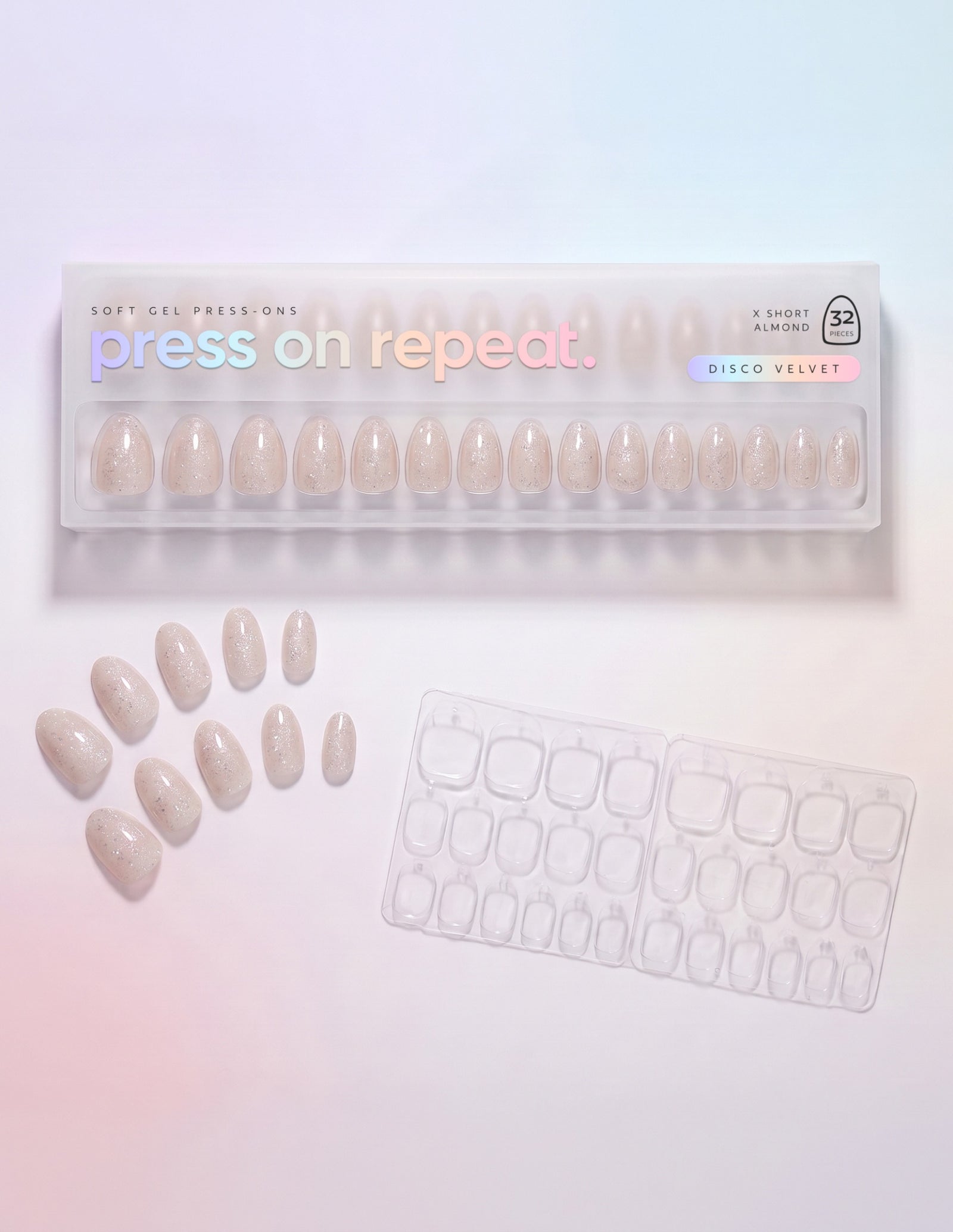 Disco Velvet press-on nails — Almond (extra-short) retail box with loose nails and adhesive tabs