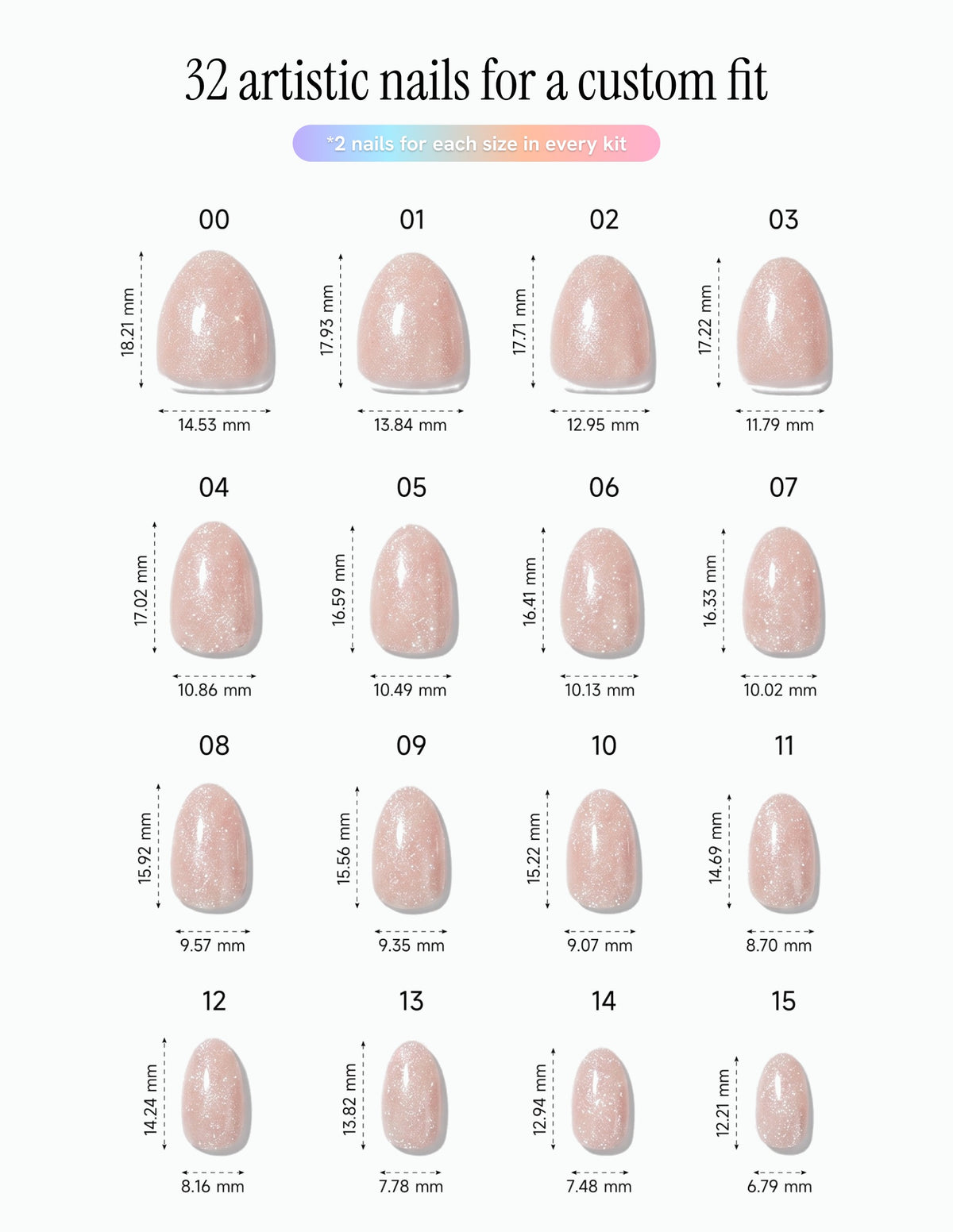 Disco Velvet — Almond size chart, 16 sizes with millimetre measurements