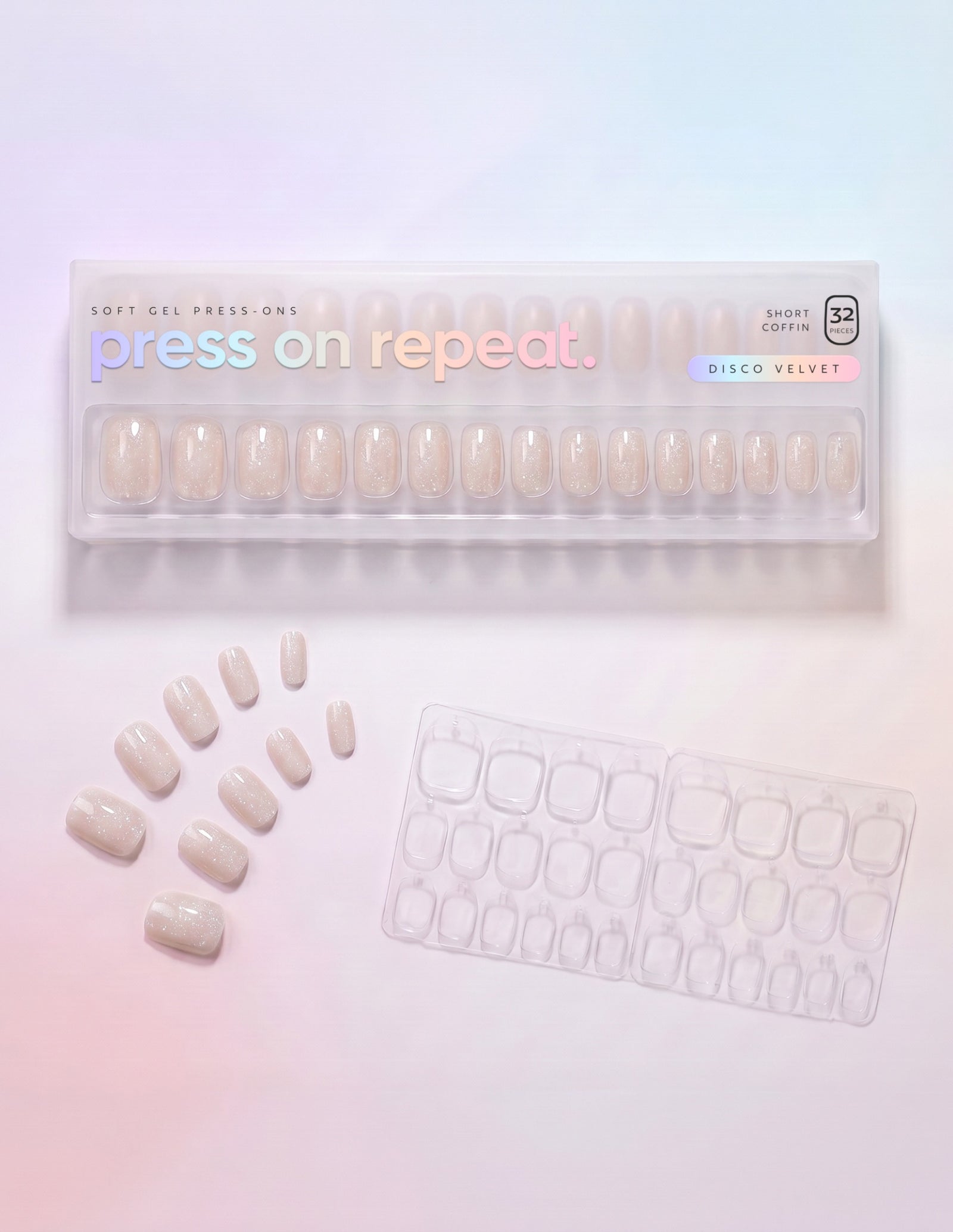 Disco Velvet press-on nails — Coffin (short) retail box with loose nails and adhesive tabs