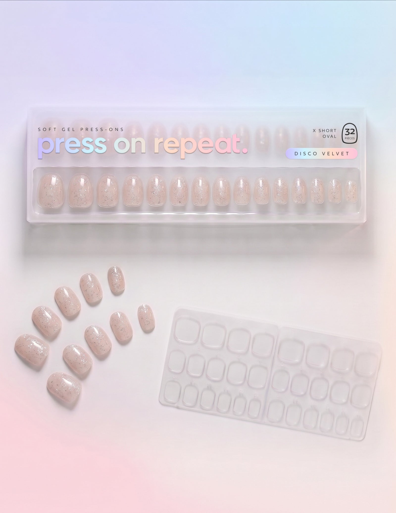 Disco Velvet press-on nails — Oval (extra-short) retail box with loose nails and adhesive tabs