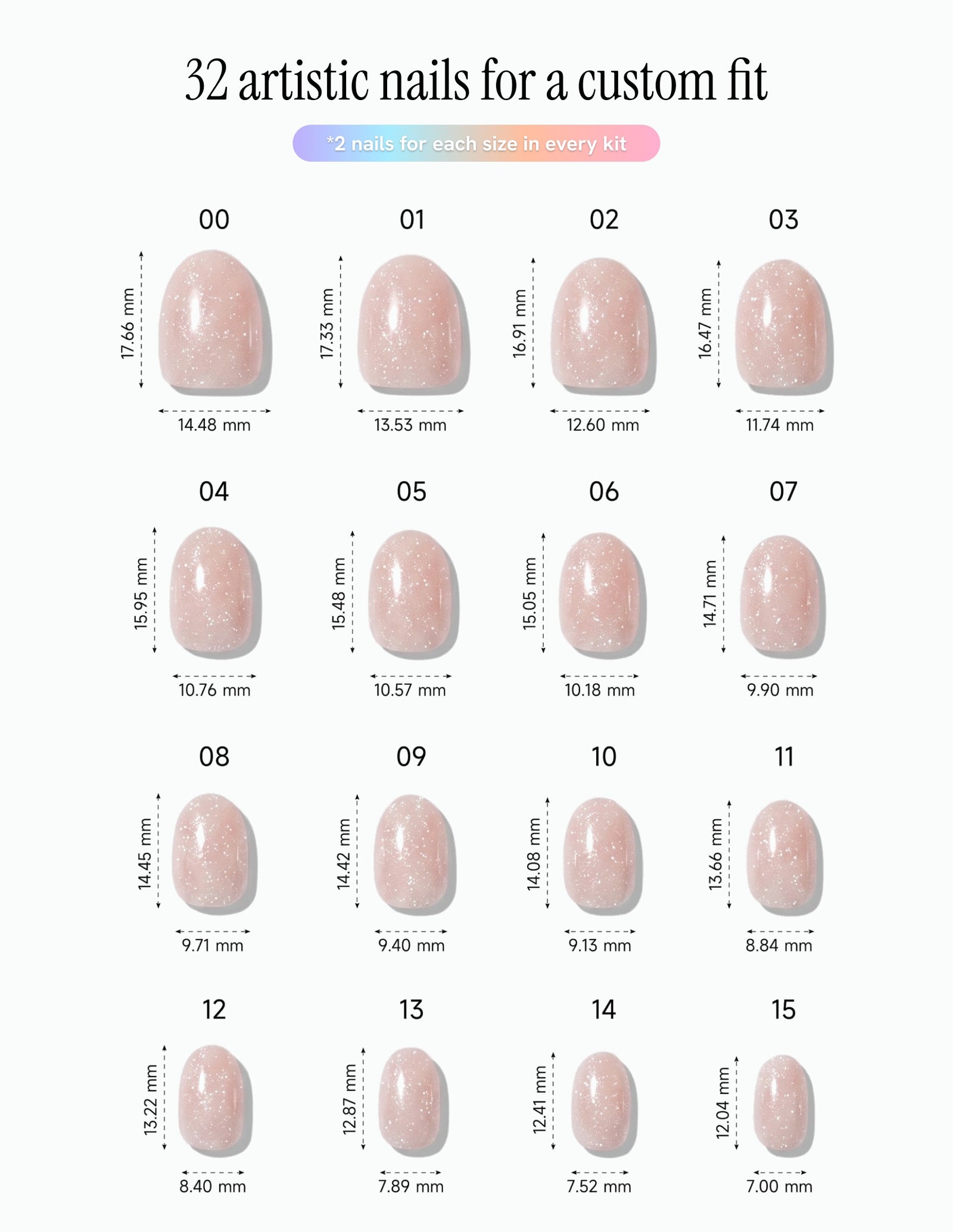 Disco Velvet — Oval size chart, 16 sizes with millimetre measurements