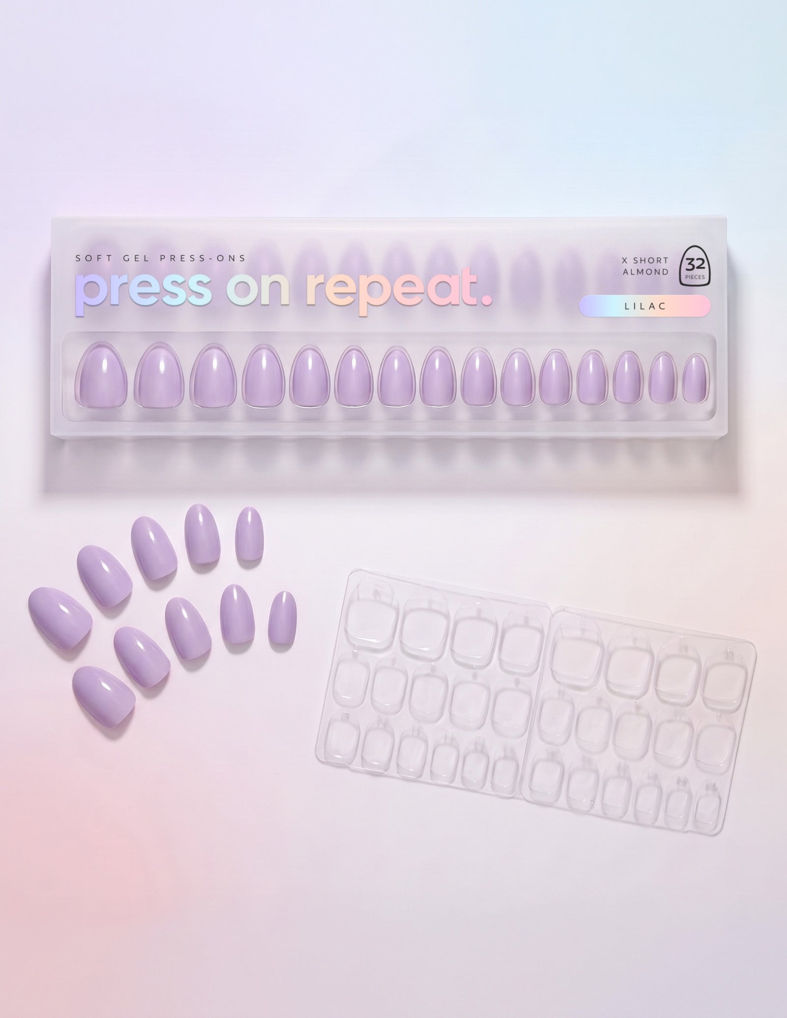 Lilac press-on nails — Almond (extra-short) retail box with loose nails and adhesive tabs