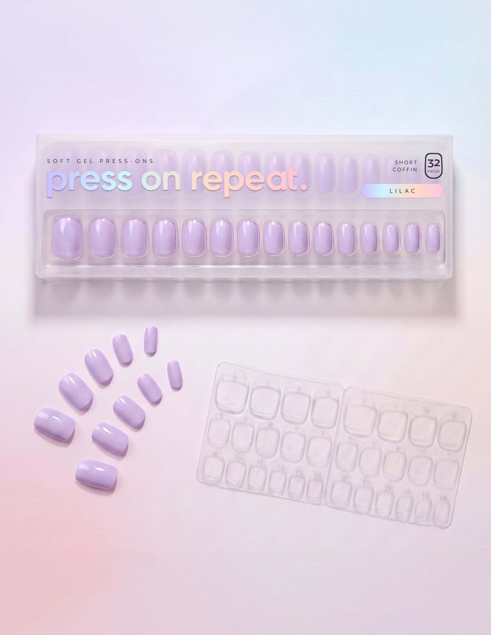 Lilac press-on nails — Coffin (short) retail box with loose nails and adhesive tabs