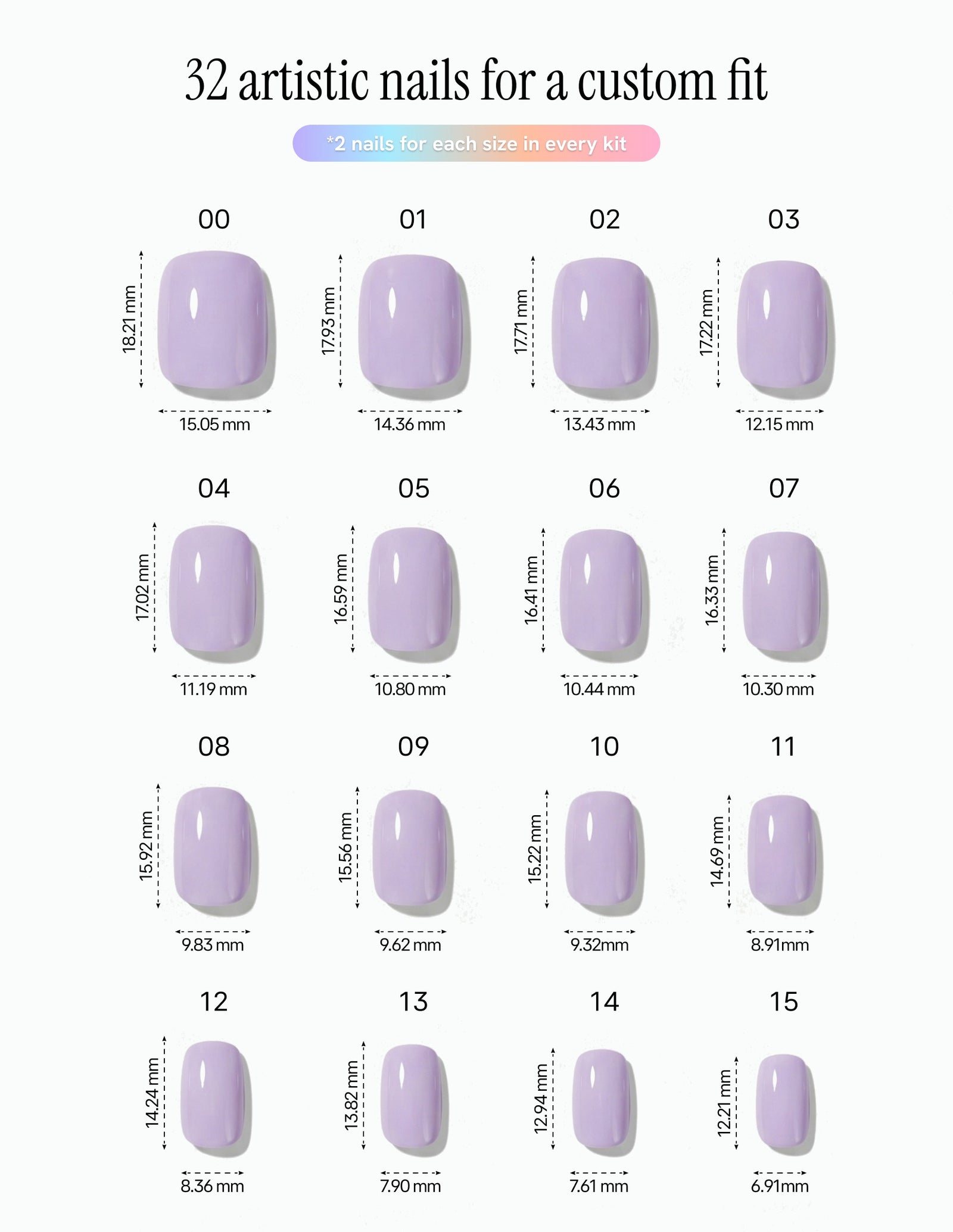 Lilac — Coffin size chart, 16 sizes with millimetre measurements