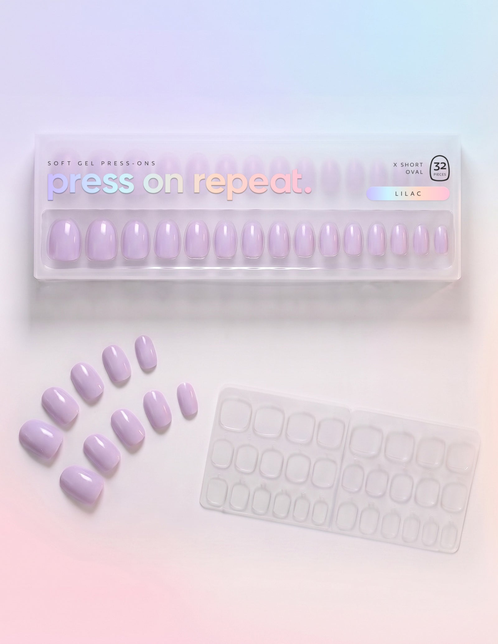 Lilac press-on nails — Oval (extra-short) retail box with loose nails and adhesive tabs