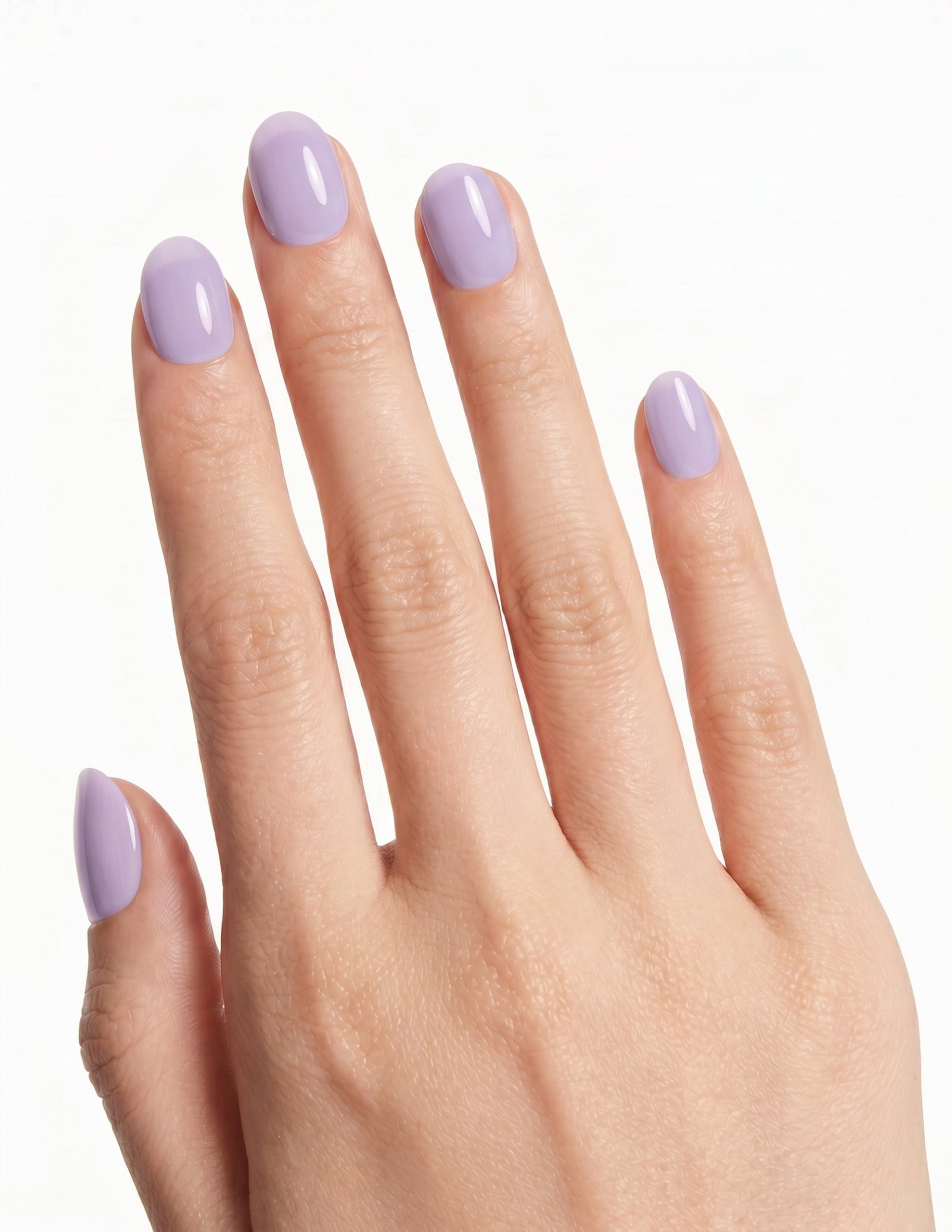 Lilac press-on nails — Oval (extra-short), light-skin hand, back of hand