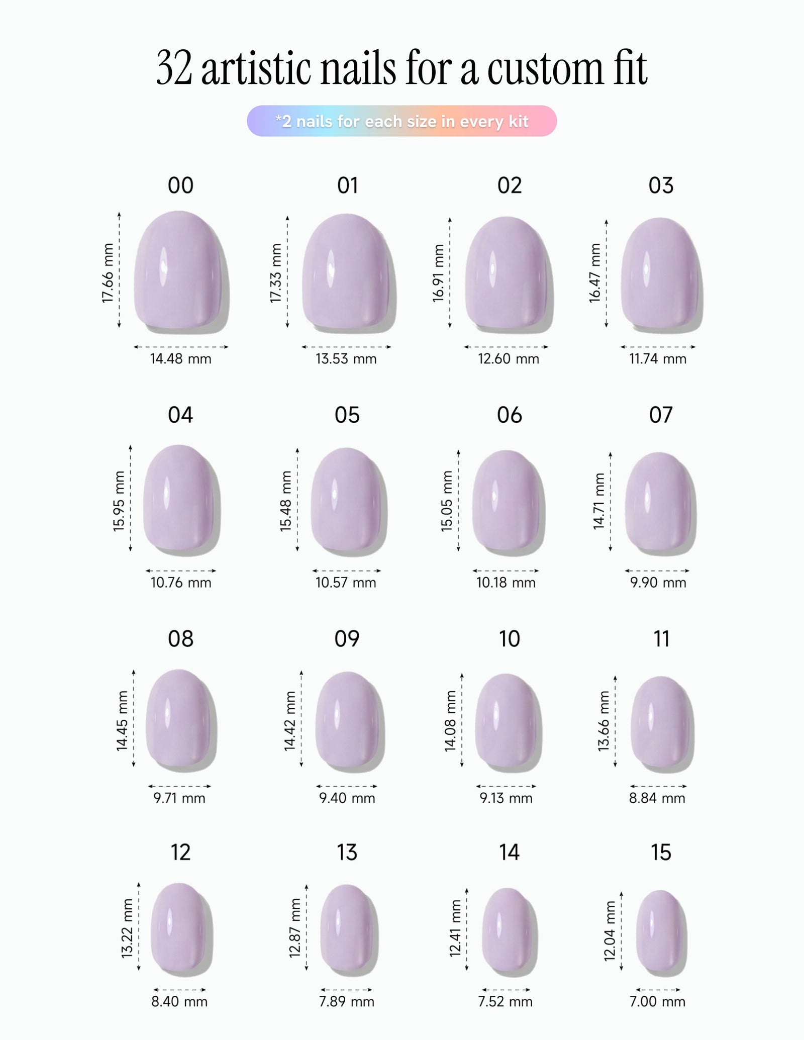 Lilac — Oval size chart, 16 sizes with millimetre measurements