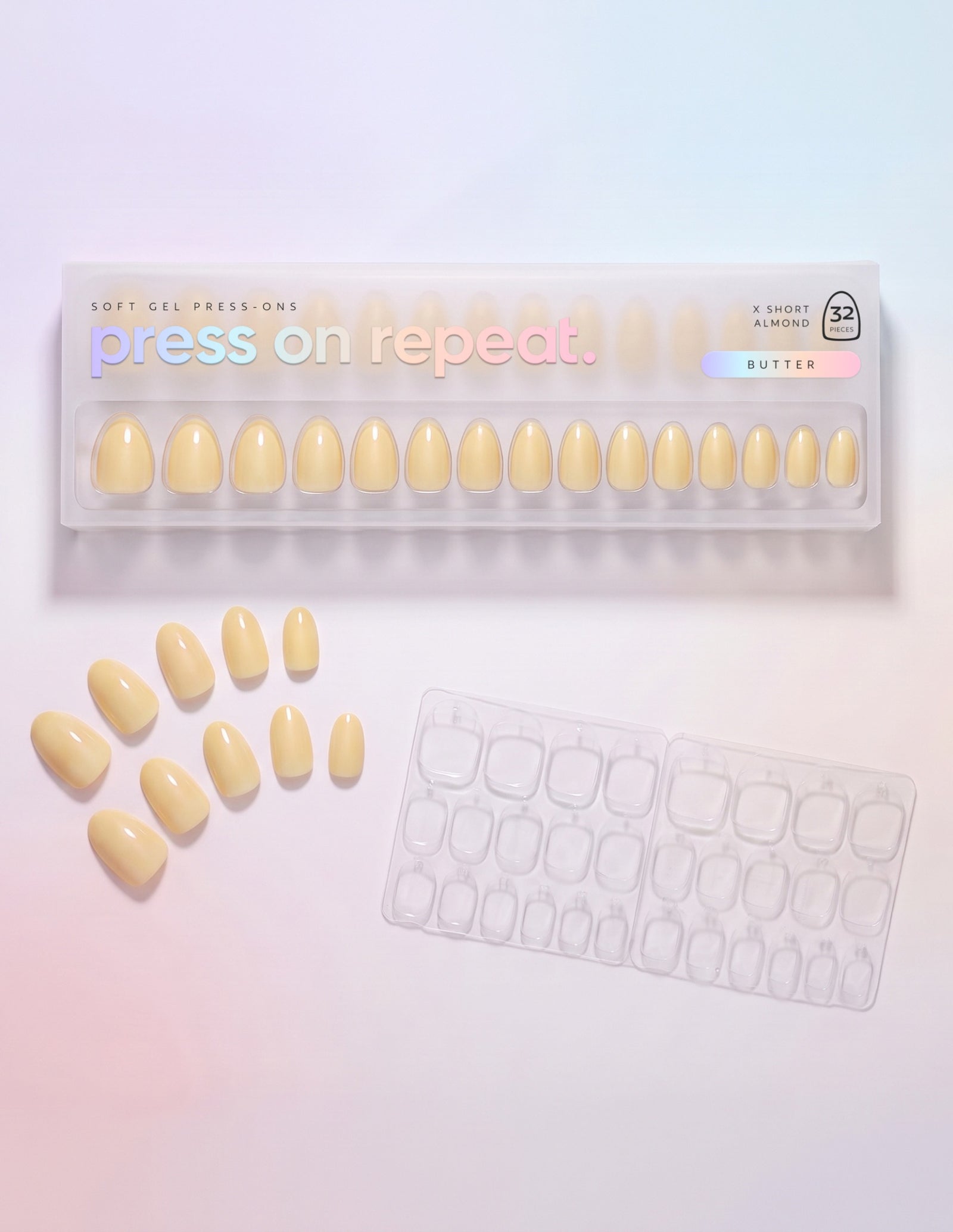 Butter press-on nails — Almond (extra-short) retail box with loose nails and adhesive tabs
