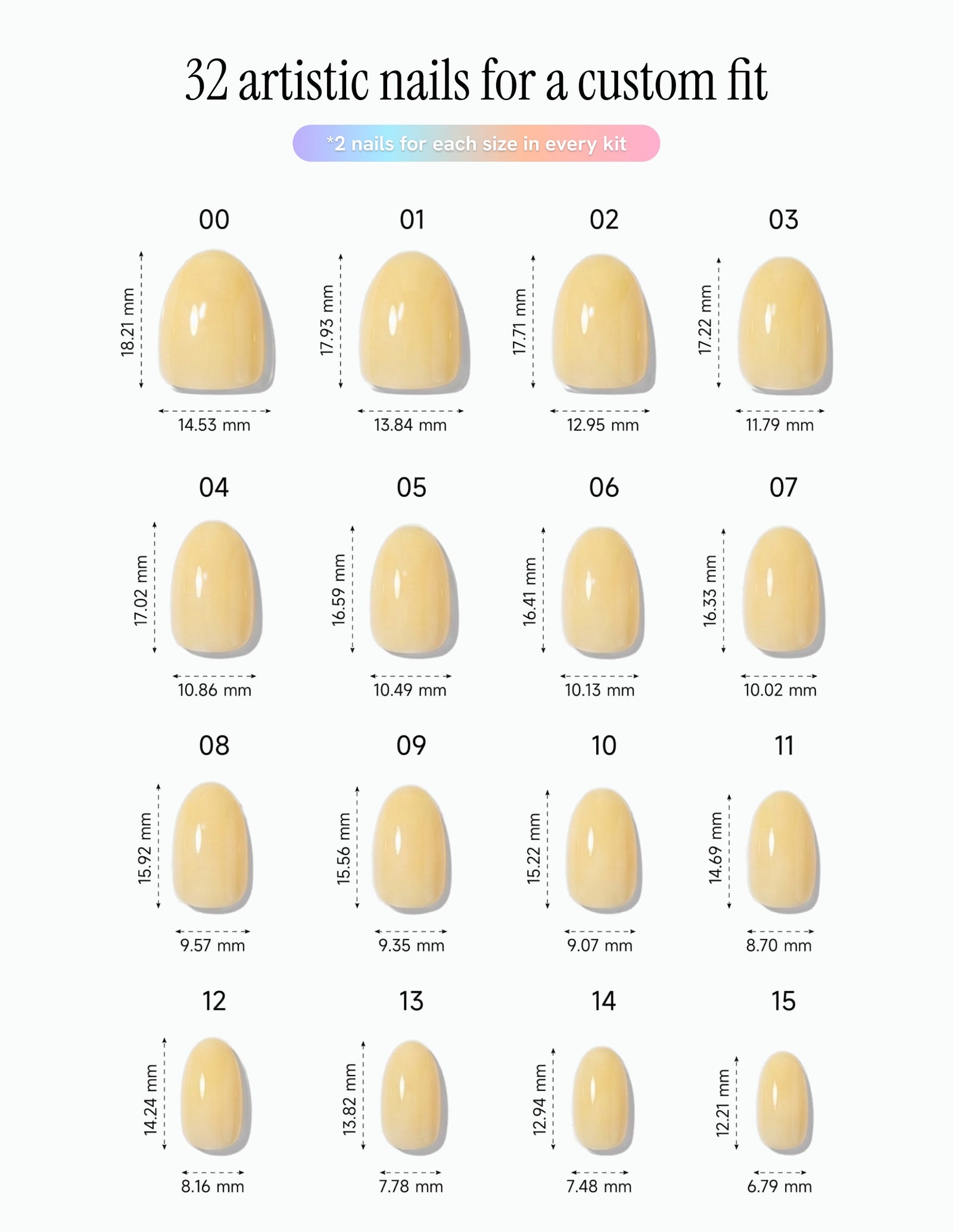 Butter — Almond size chart, 16 sizes with millimetre measurements