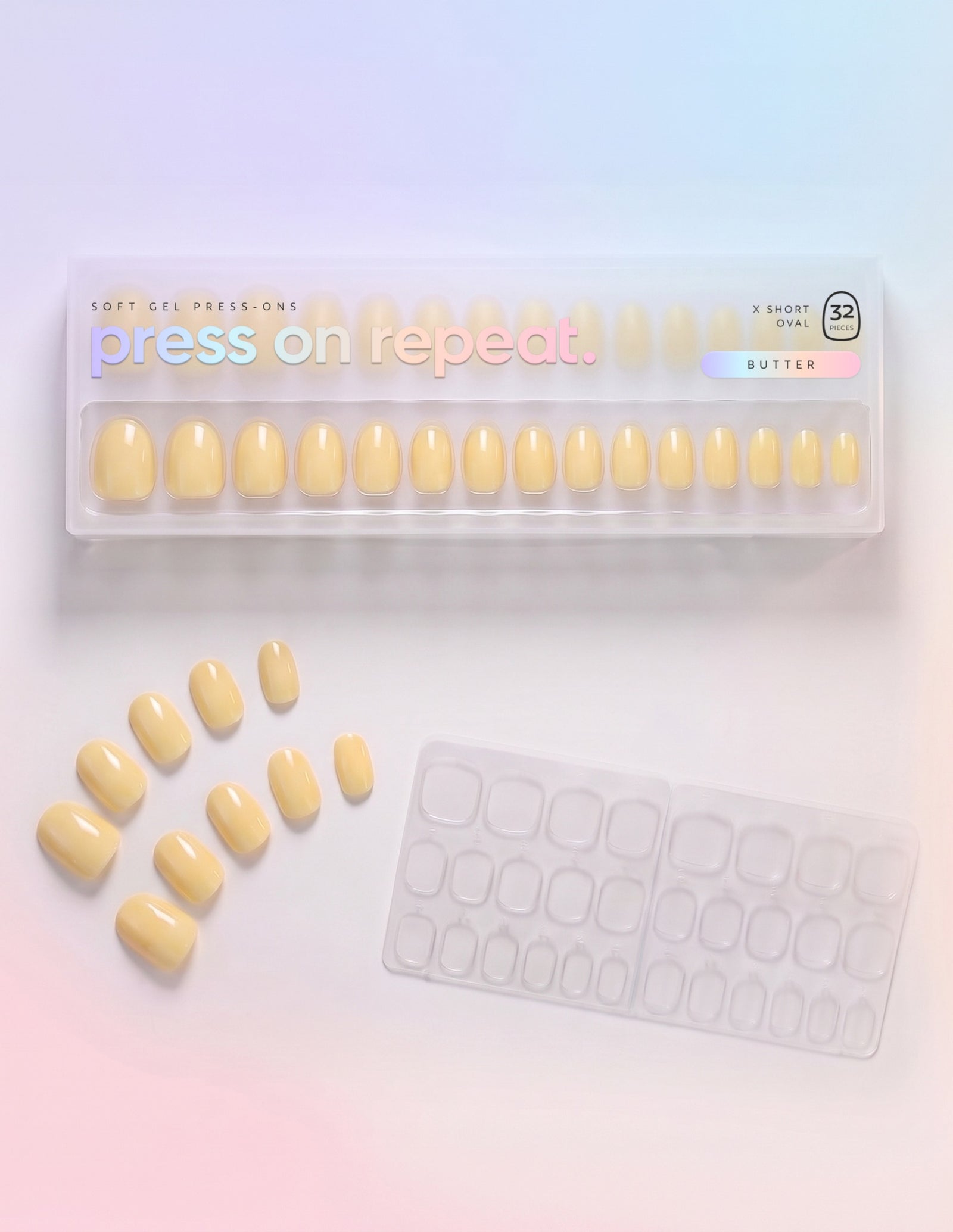 Butter press-on nails — Oval (extra-short) retail box with loose nails and adhesive tabs