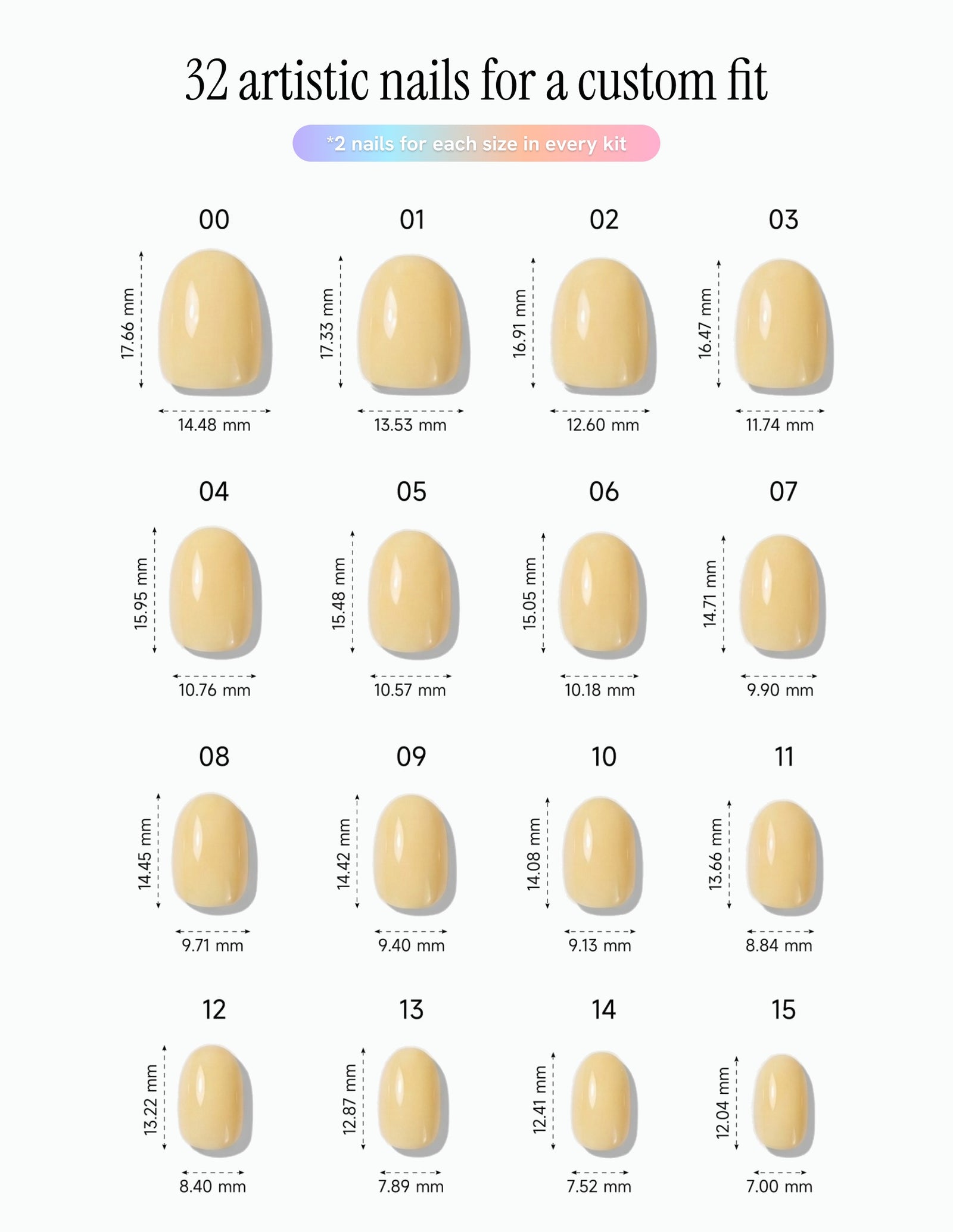 Butter — Oval size chart, 16 sizes with millimetre measurements