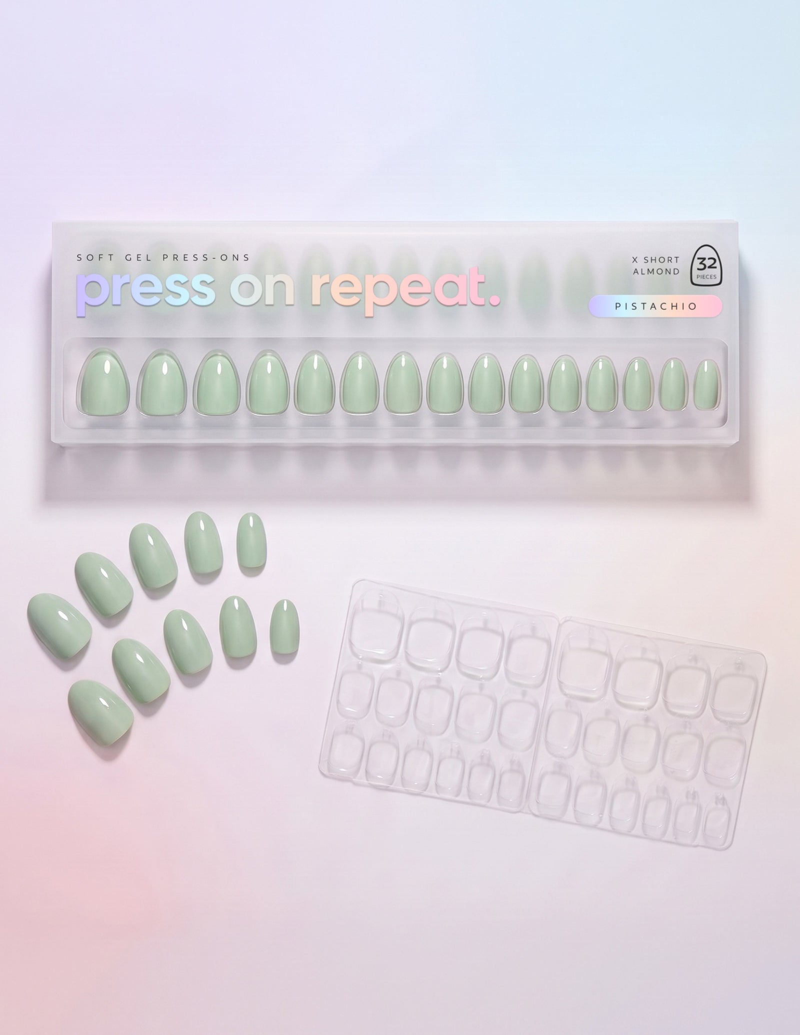 Pistachio press-on nails — Almond (extra-short) retail box with loose nails and adhesive tabs