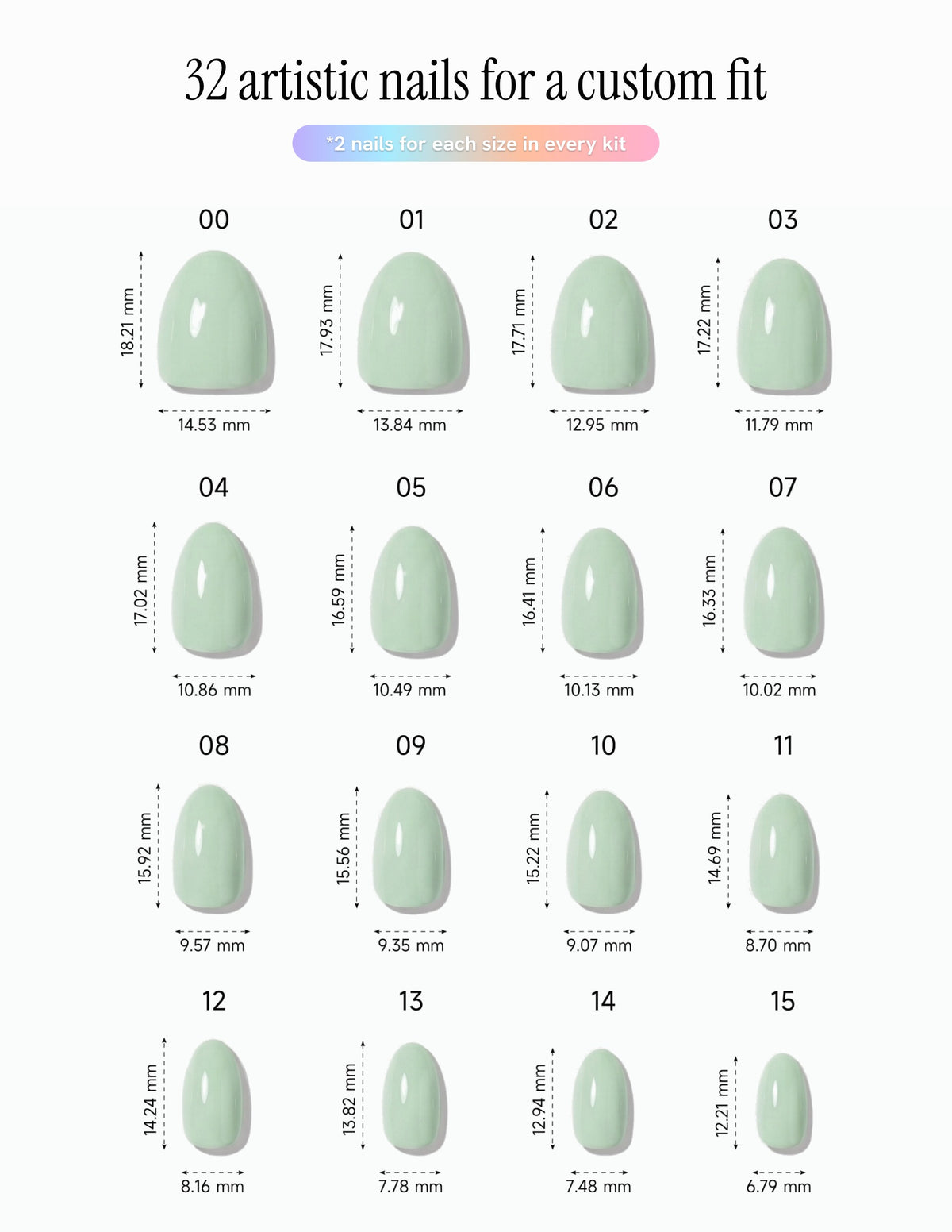 Pistachio — Almond size chart, 16 sizes with millimetre measurements