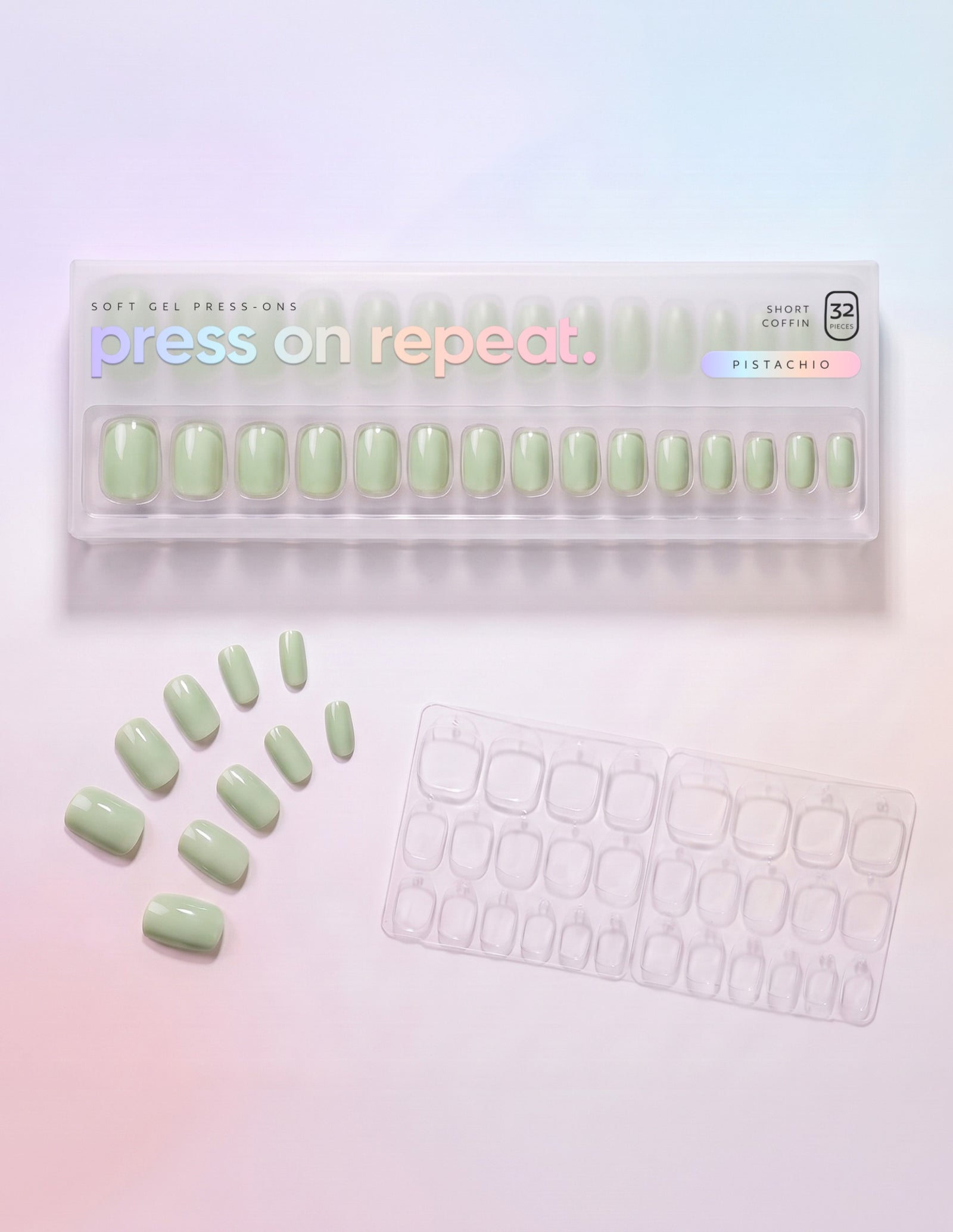 Pistachio press-on nails — Coffin (short) retail box with loose nails and adhesive tabs