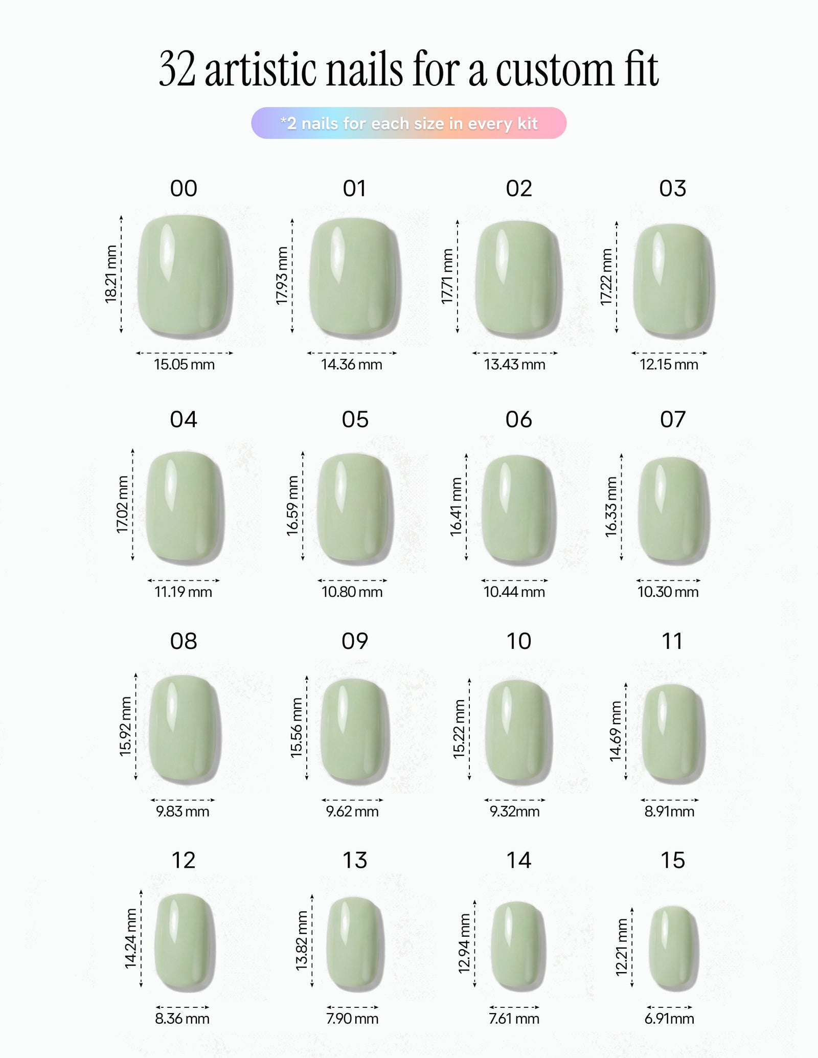 Pistachio — Coffin size chart, 16 sizes with millimetre measurements