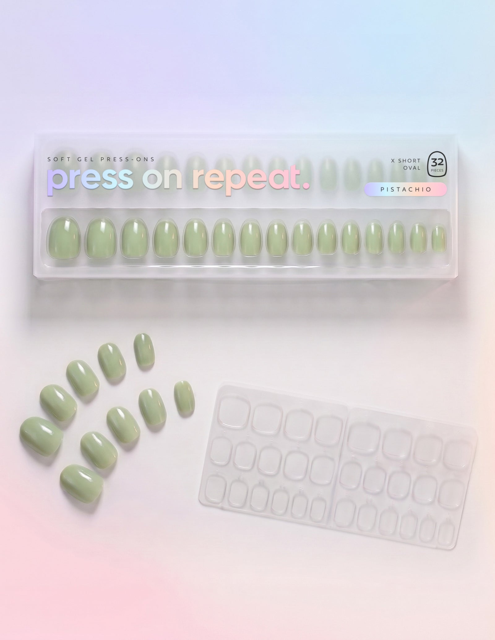 Pistachio press-on nails — Oval (extra-short) retail box with loose nails and adhesive tabs