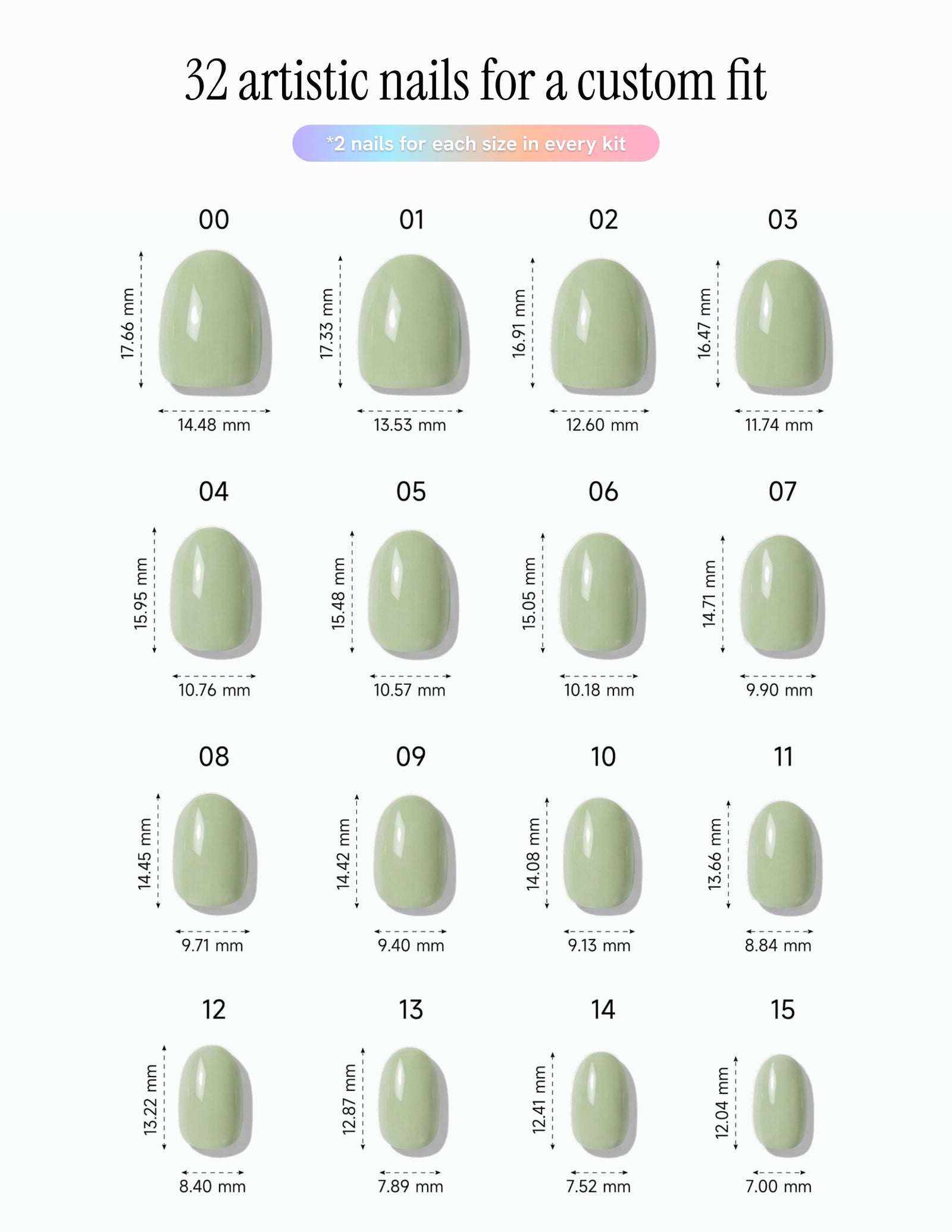 Pistachio — Oval size chart, 16 sizes with millimetre measurements