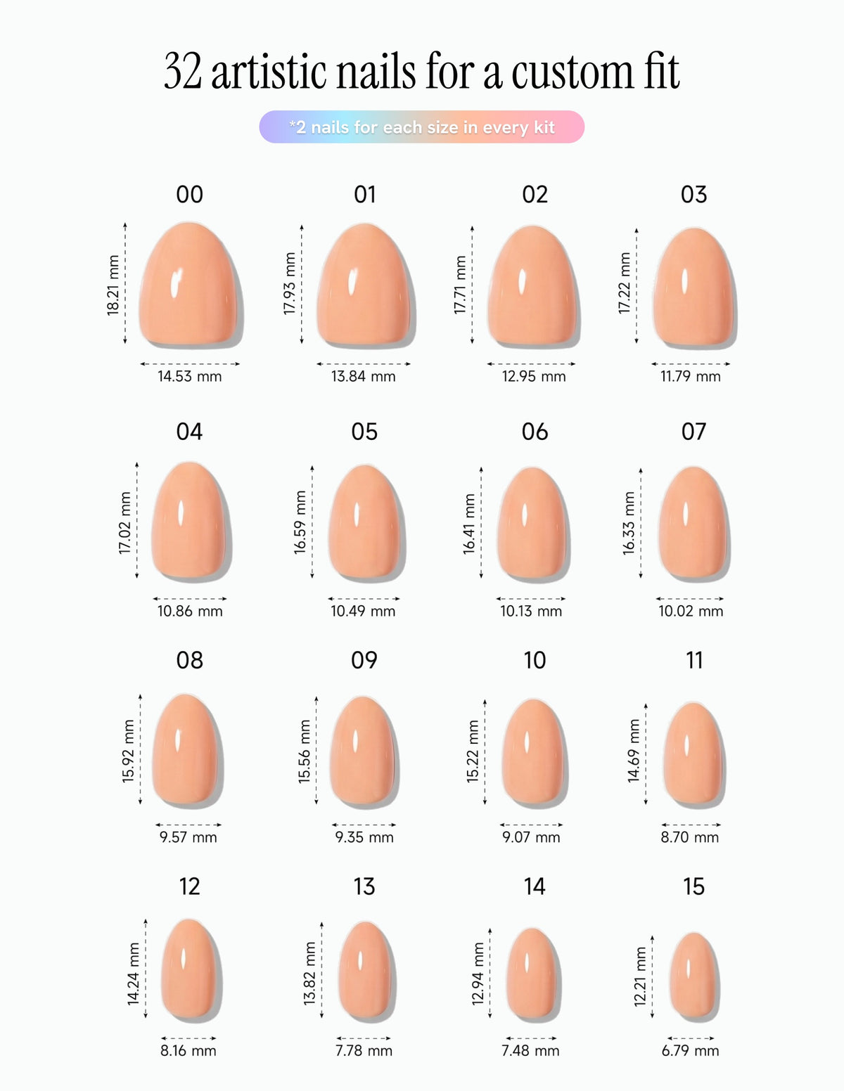 Apricot — Almond size chart, 16 sizes with millimetre measurements