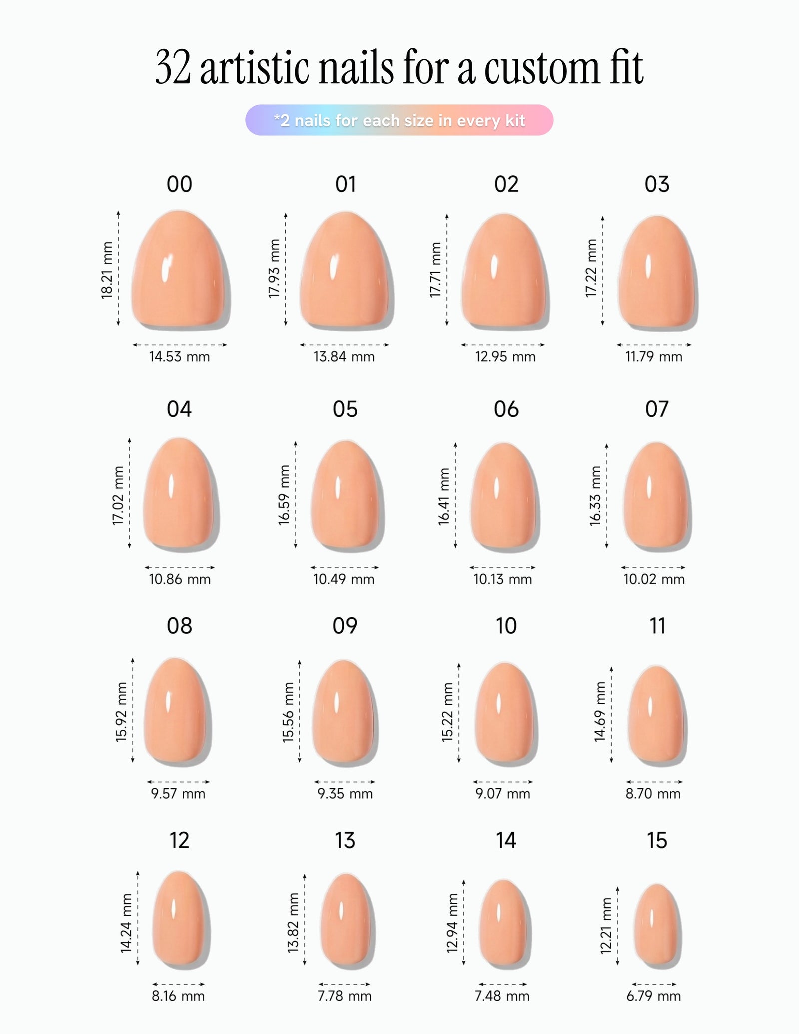 Apricot — Almond size chart, 16 sizes with millimetre measurements