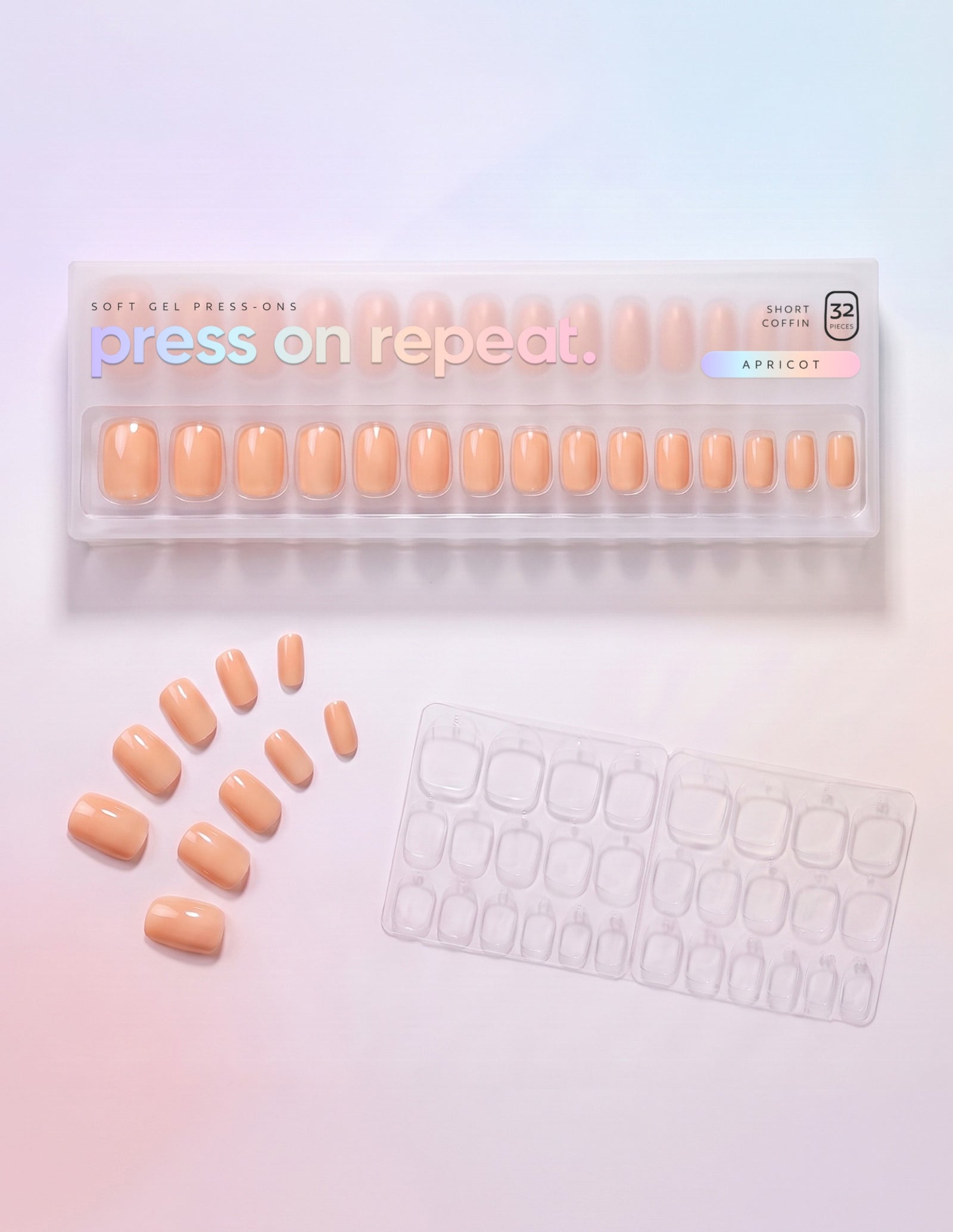 Apricot press-on nails — Coffin (short) retail box with loose nails and adhesive tabs