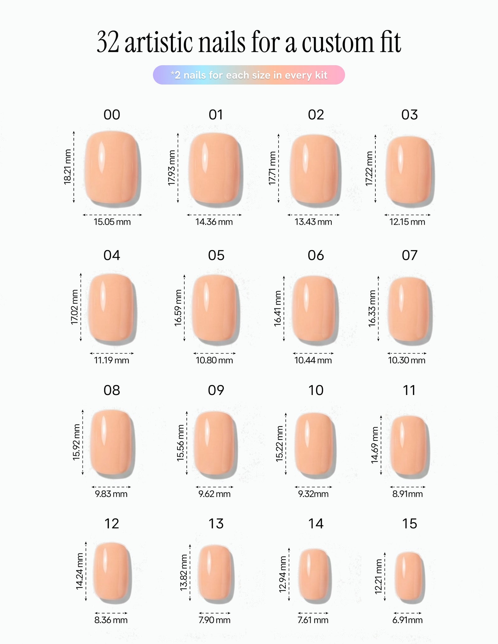 Apricot — Coffin size chart, 16 sizes with millimetre measurements