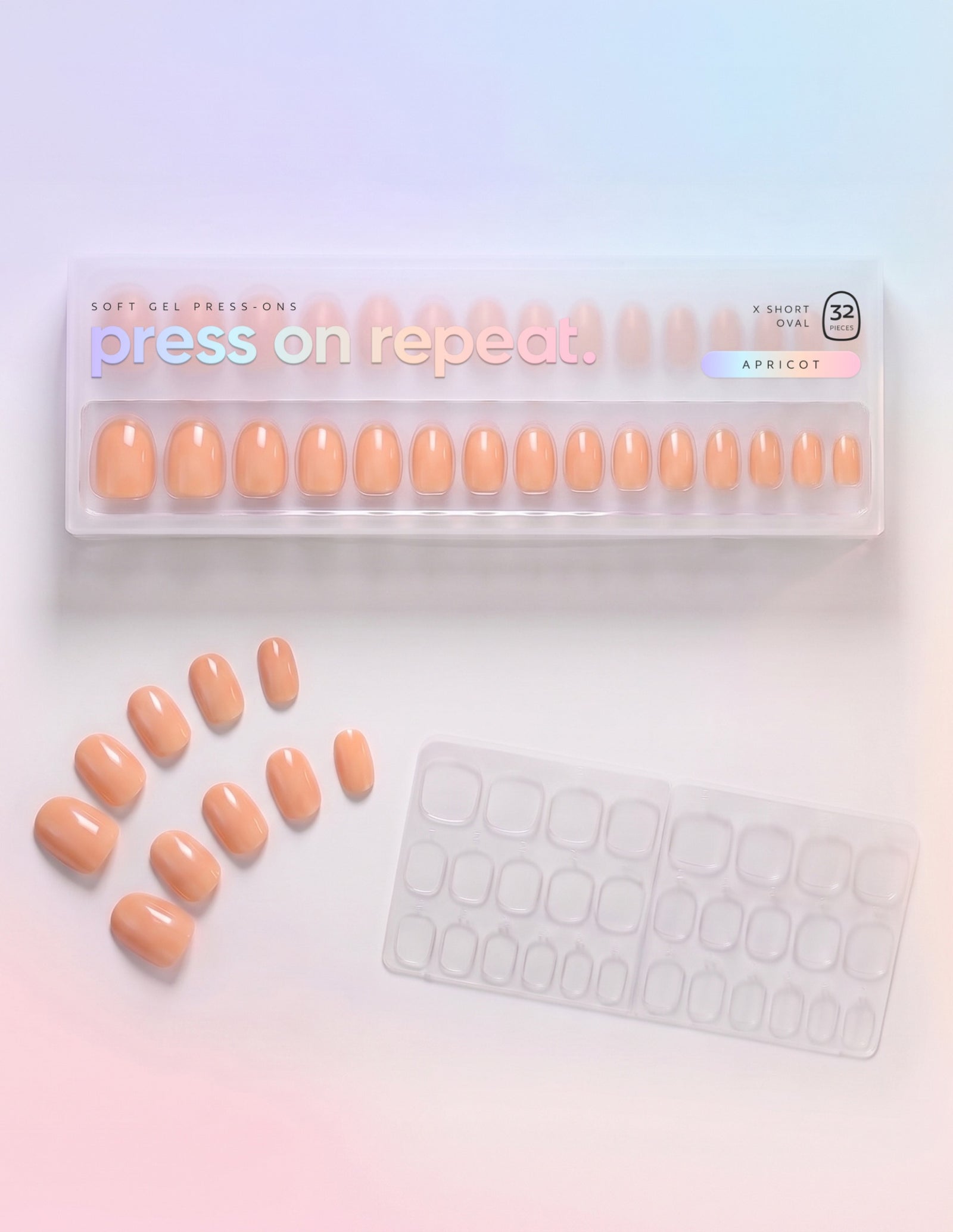 Apricot press-on nails — Oval (extra-short) retail box with loose nails and adhesive tabs