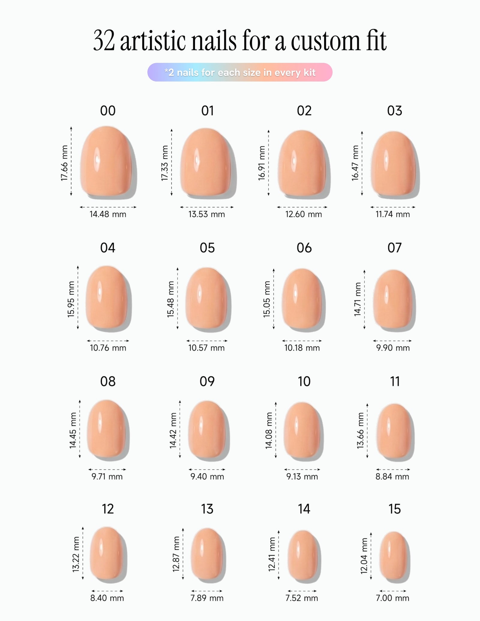 Apricot — Oval size chart, 16 sizes with millimetre measurements