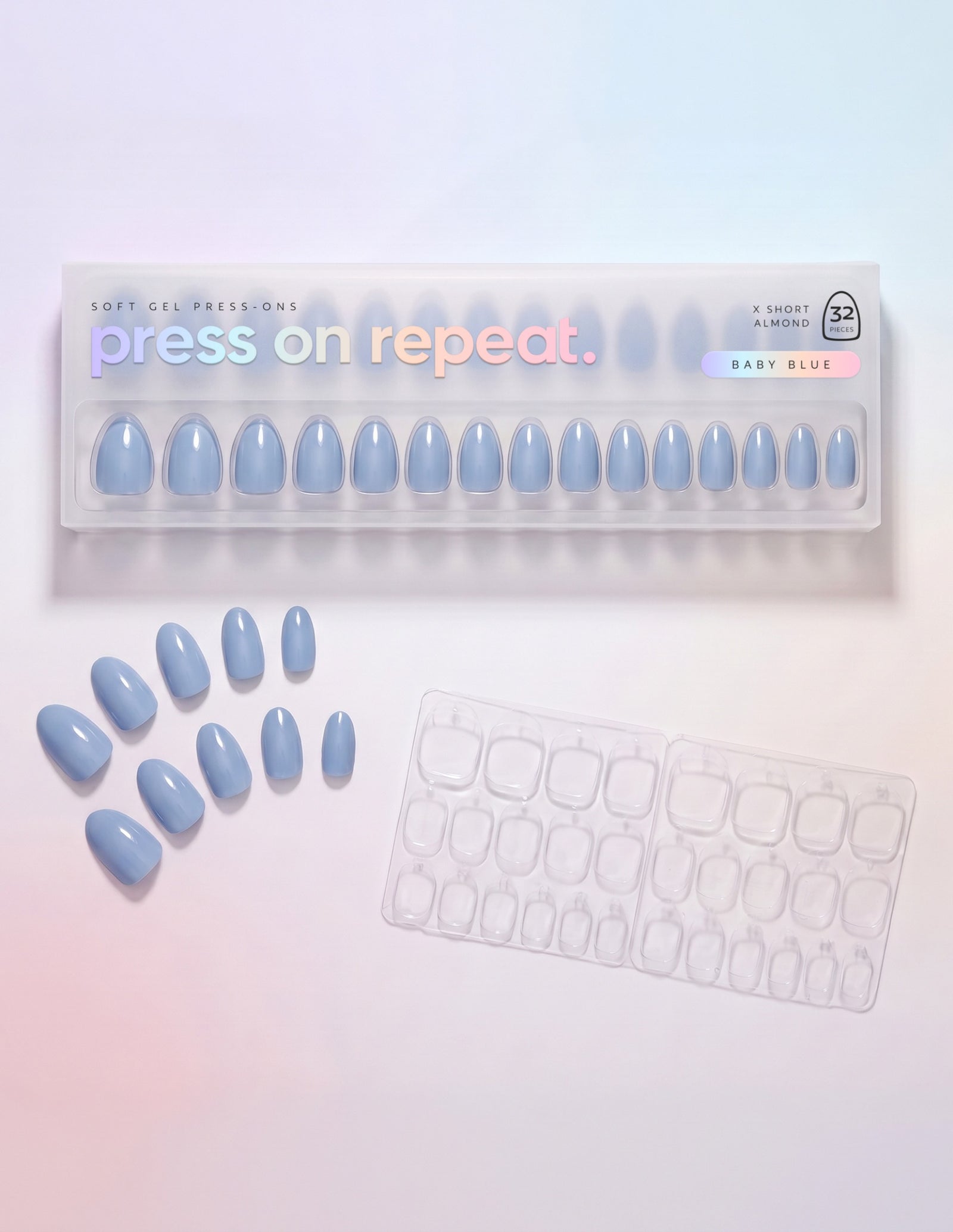 Baby Blue press-on nails — Almond (extra-short) retail box with loose nails and adhesive tabs