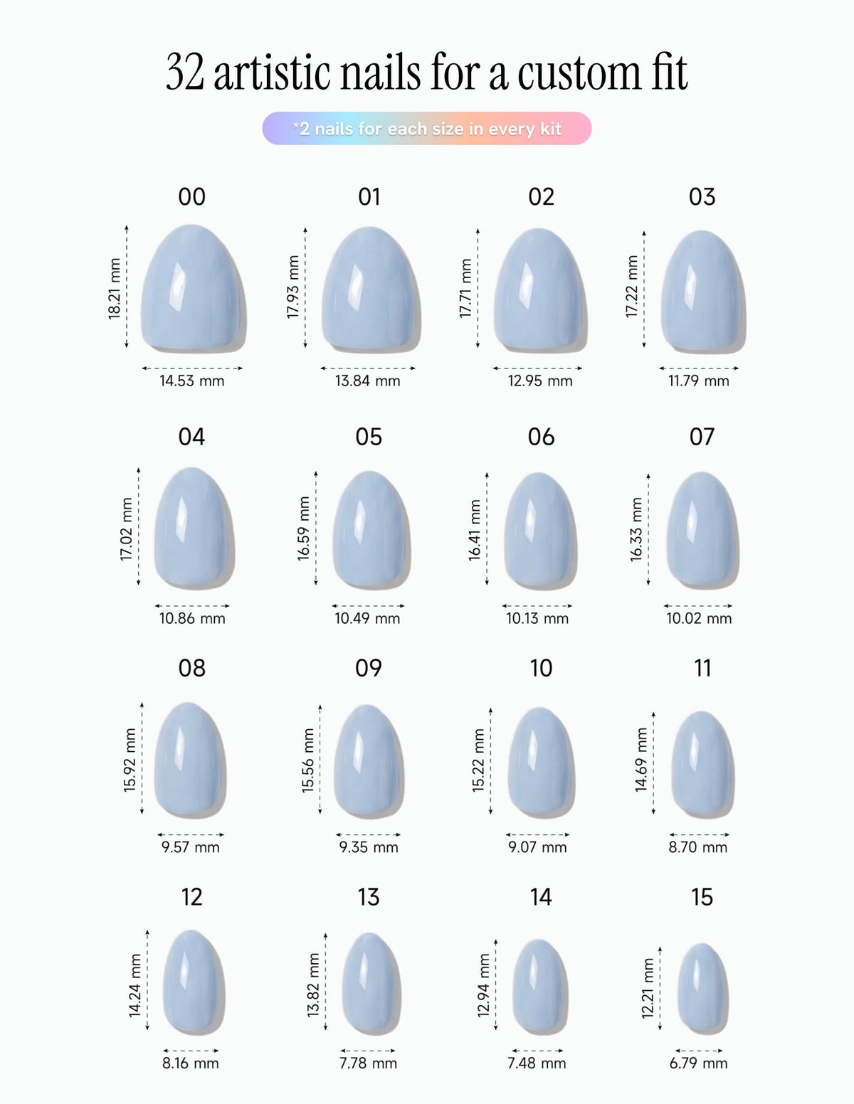 Baby Blue — Almond size chart, 16 sizes with millimetre measurements