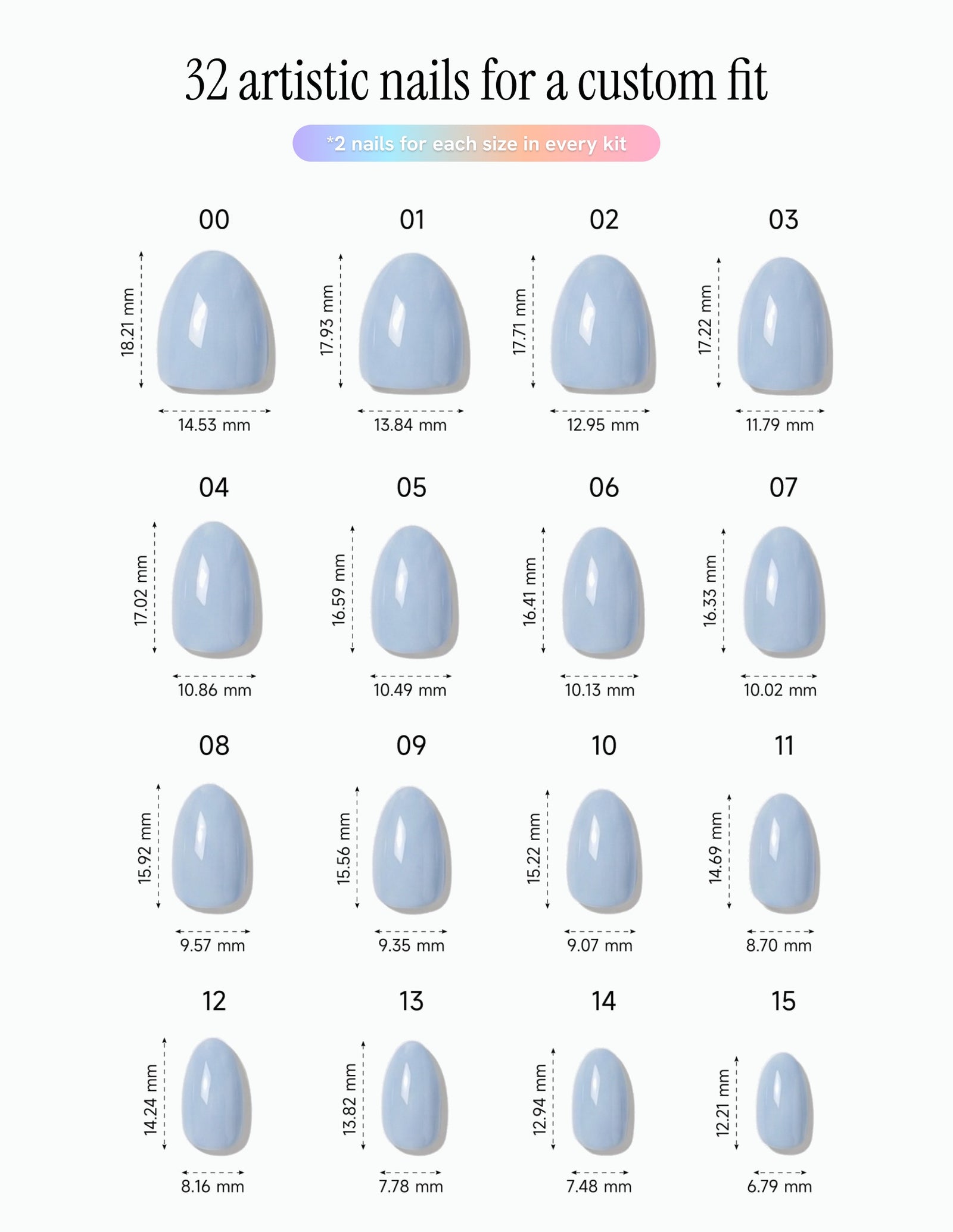 Baby Blue — Almond size chart, 16 sizes with millimetre measurements
