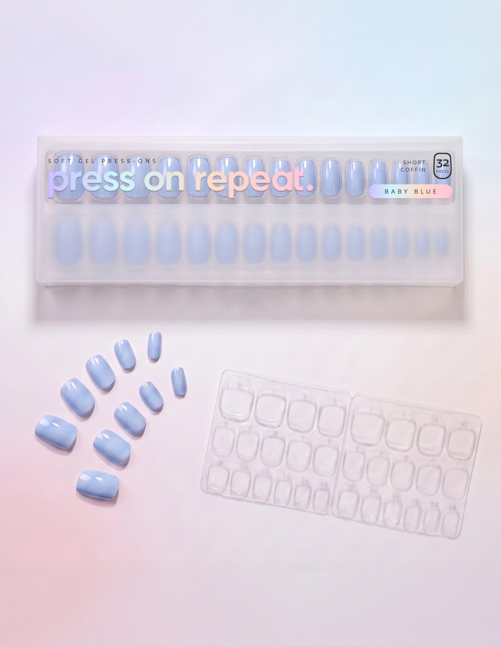 Baby Blue press-on nails — Coffin (short) retail box with loose nails and adhesive tabs