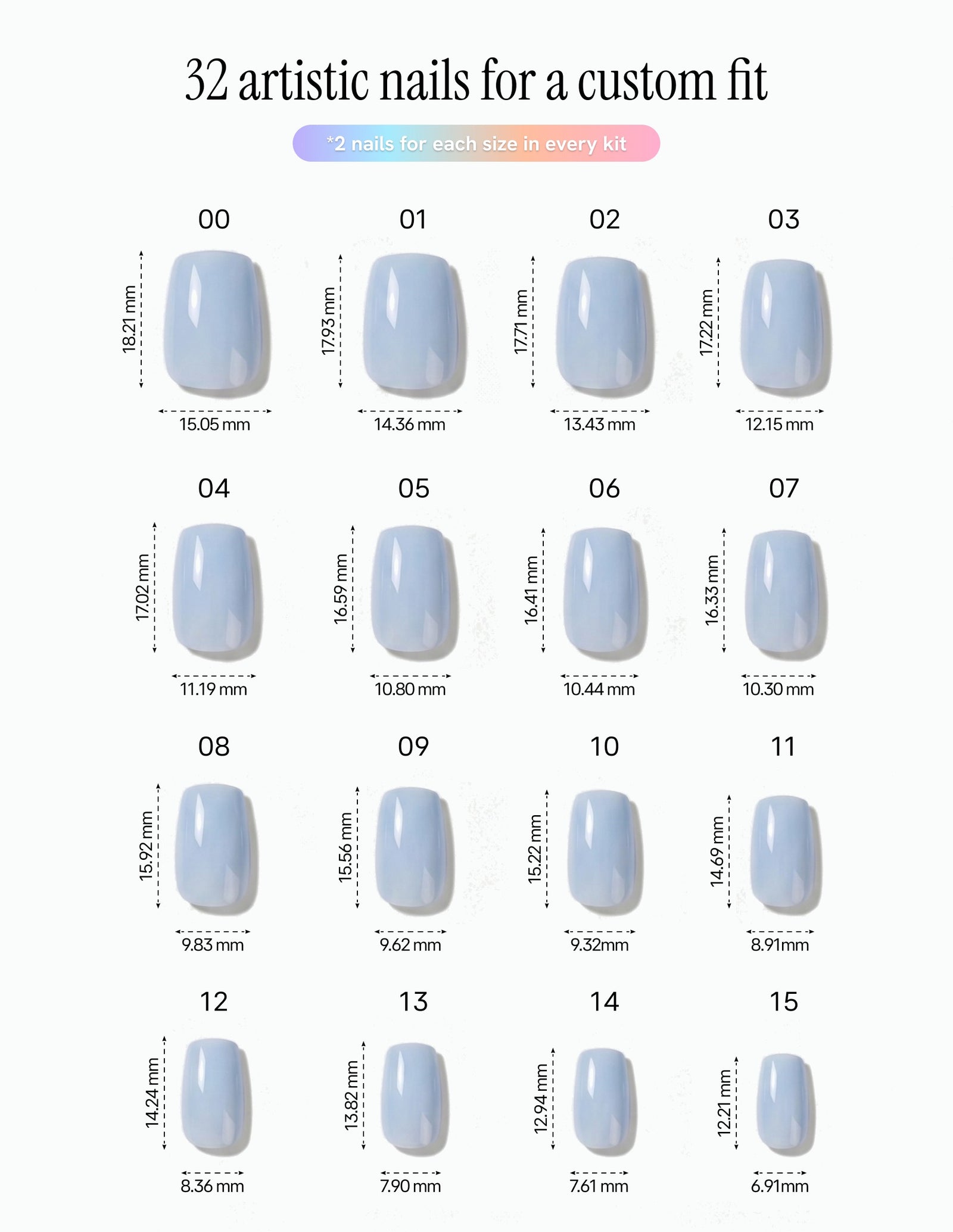 Baby Blue — Coffin size chart, 16 sizes with millimetre measurements