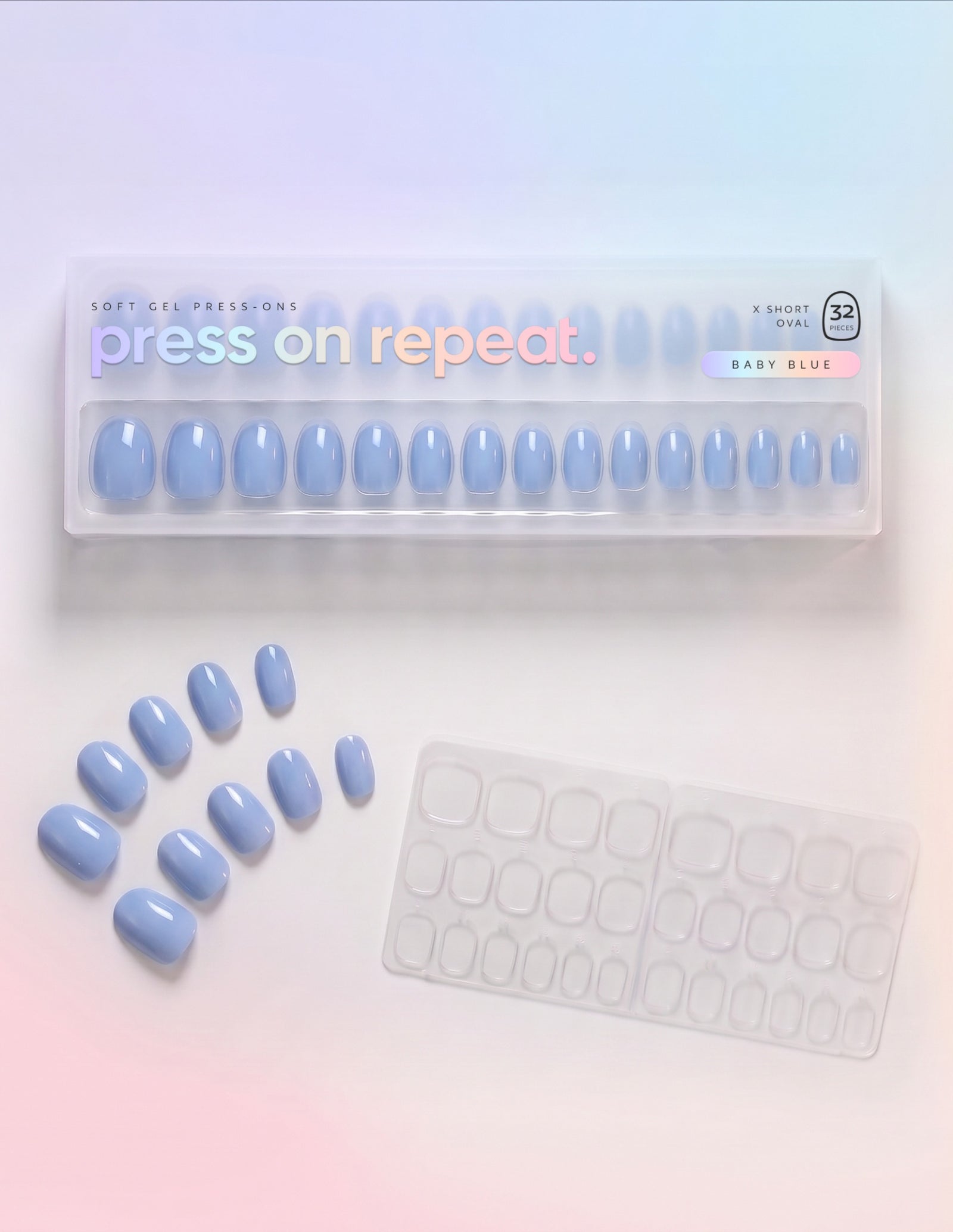 Baby Blue press-on nails — Oval (extra-short) retail box with loose nails and adhesive tabs