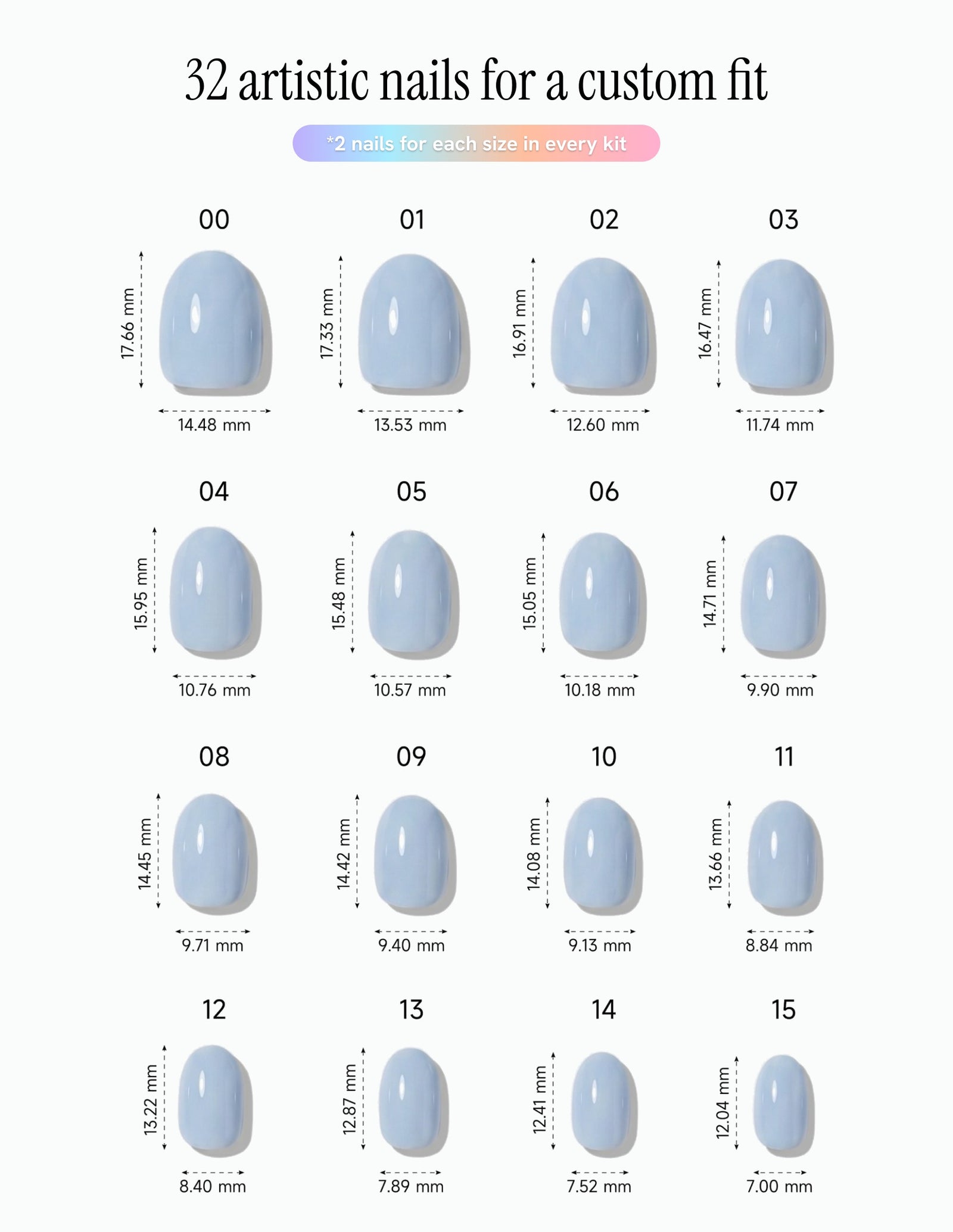 Baby Blue — Oval size chart, 16 sizes with millimetre measurements