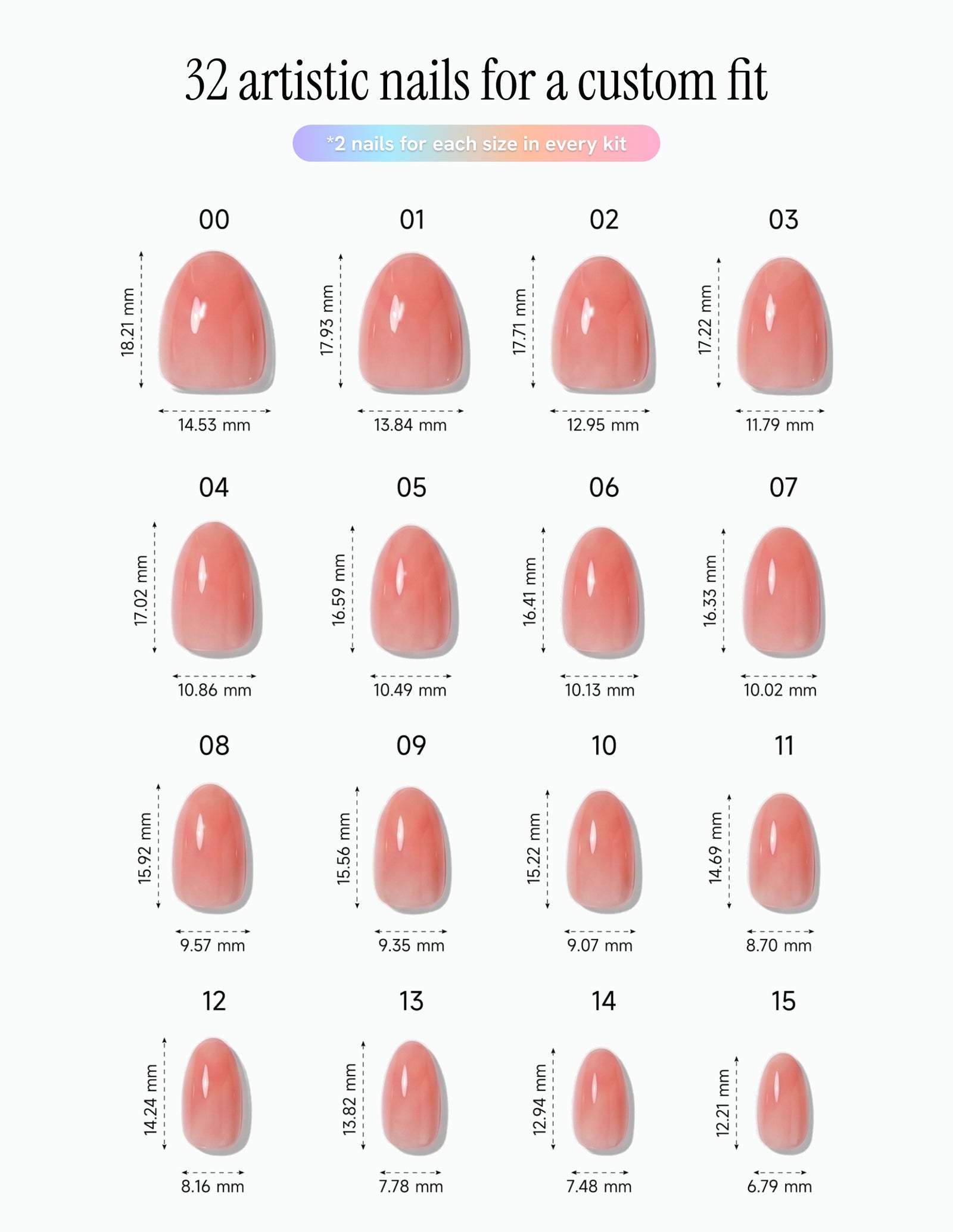 Guava — Almond size chart, 16 sizes with millimetre measurements